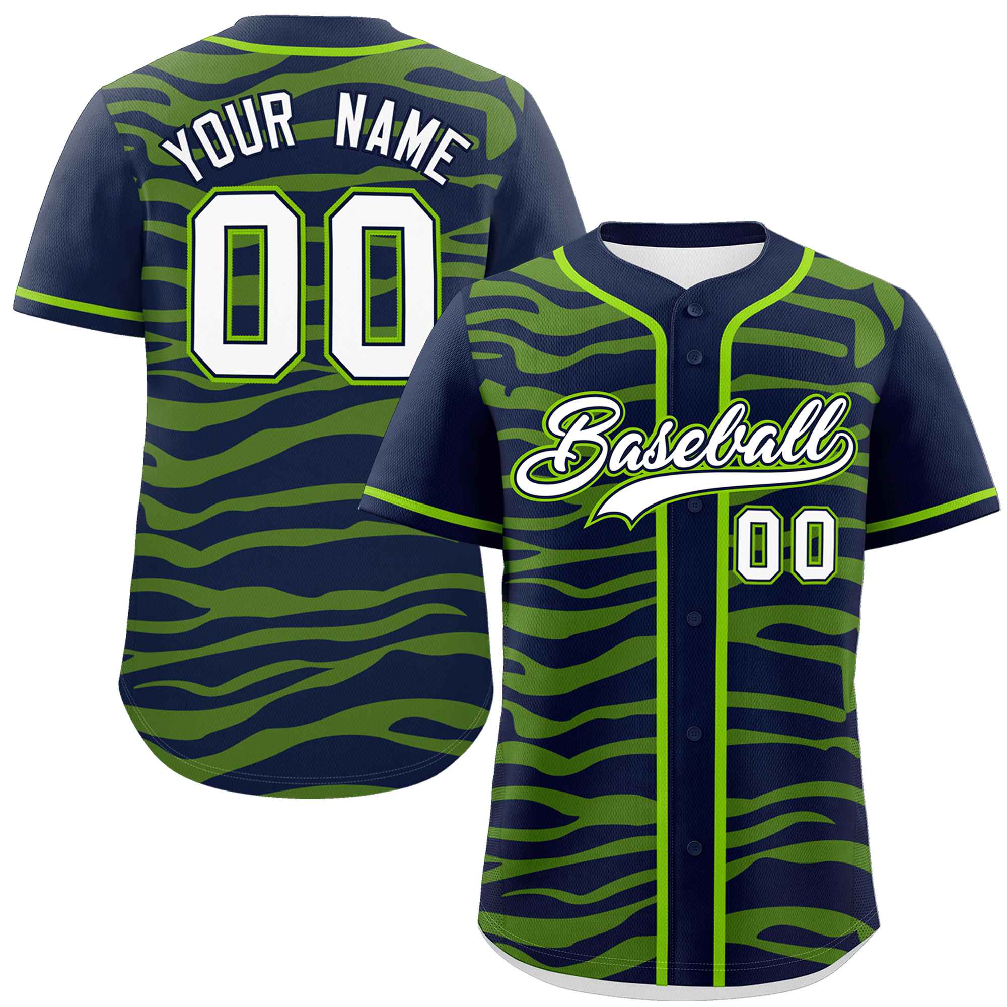 Custom Navy Neon Green Zebra Stripes Graffiti Pattern Authentic Baseball Jersey