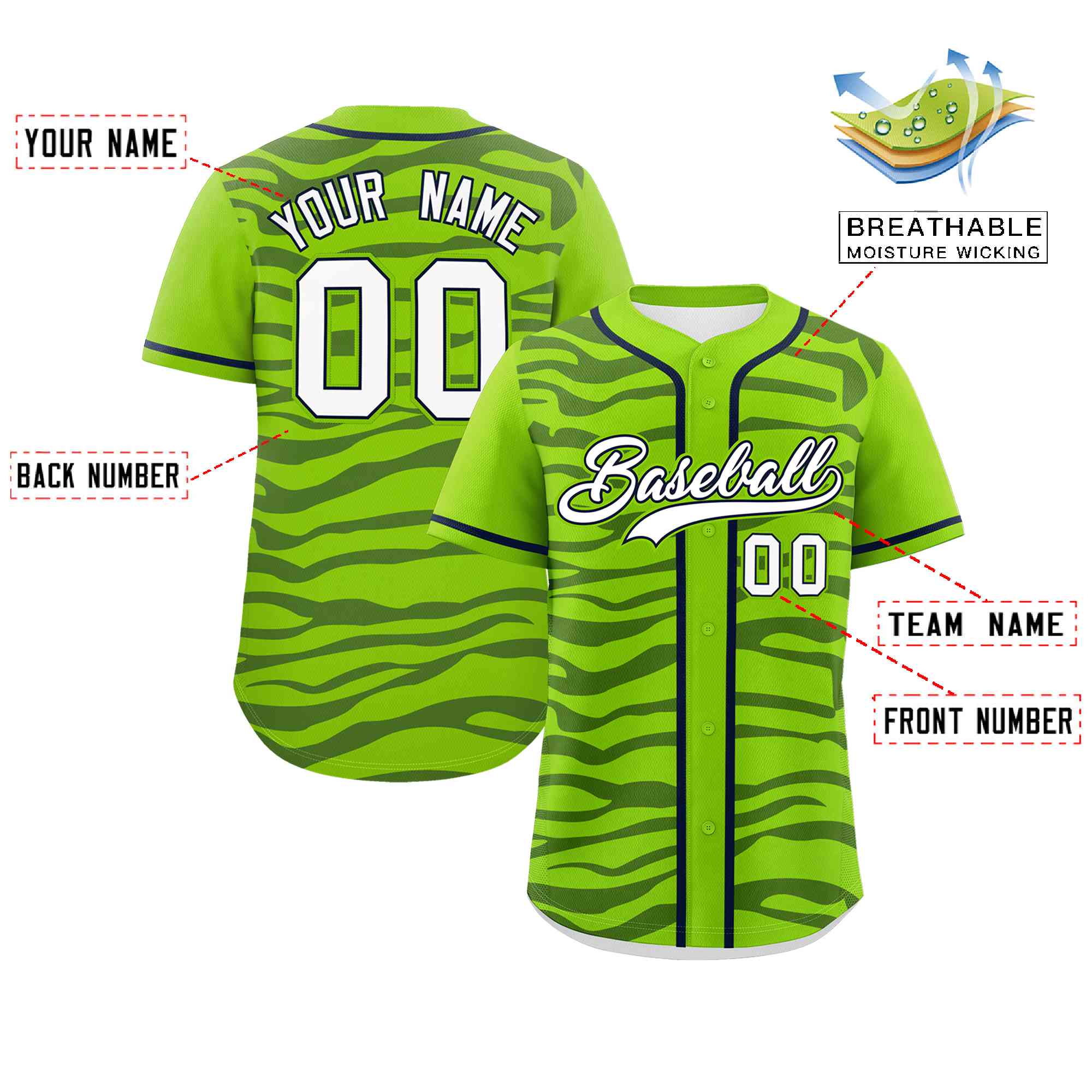 Custom Neon Green Navy Zebra Stripes Graffiti Pattern Authentic Baseball Jersey