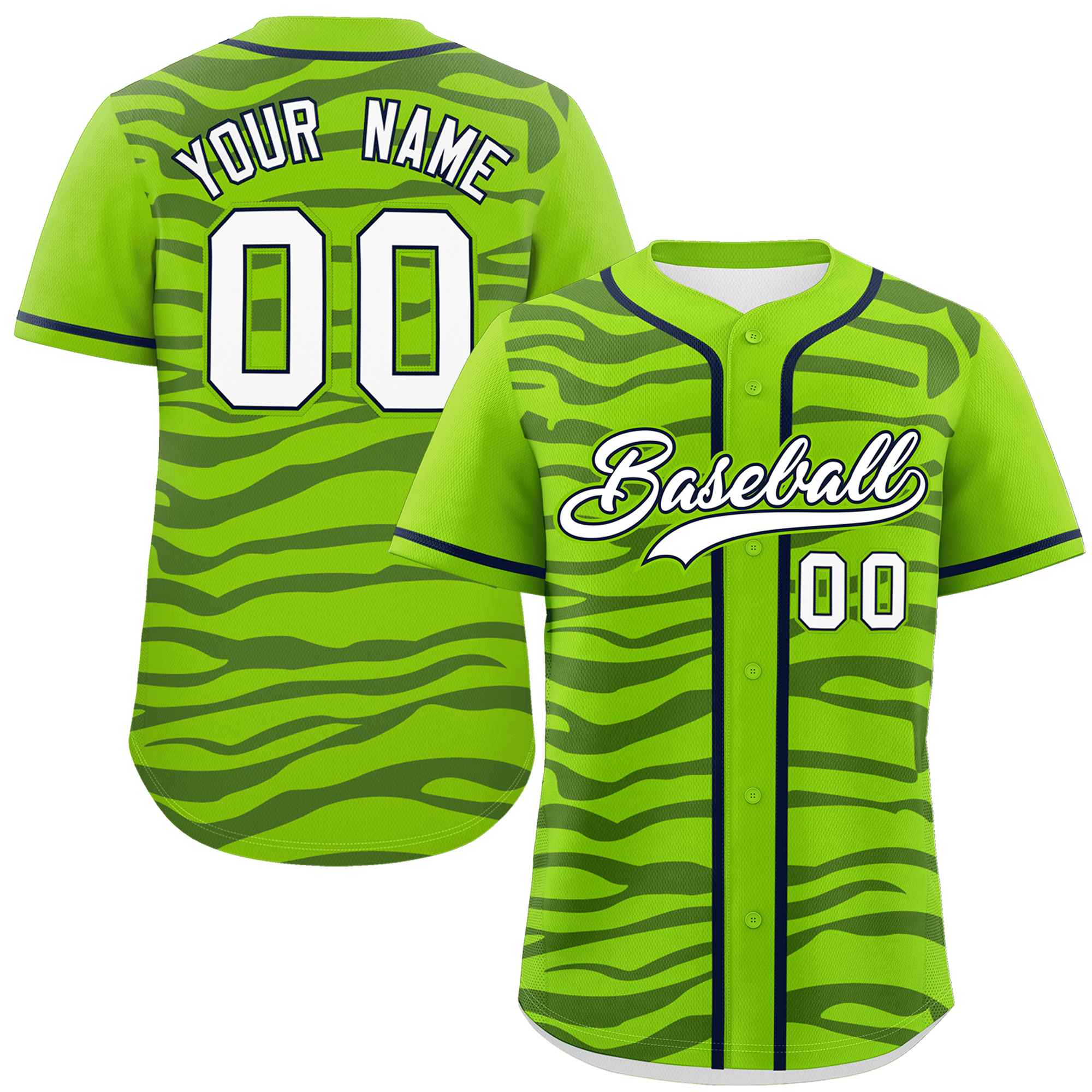 Custom Neon Green Navy Zebra Stripes Graffiti Pattern Authentic Baseball Jersey