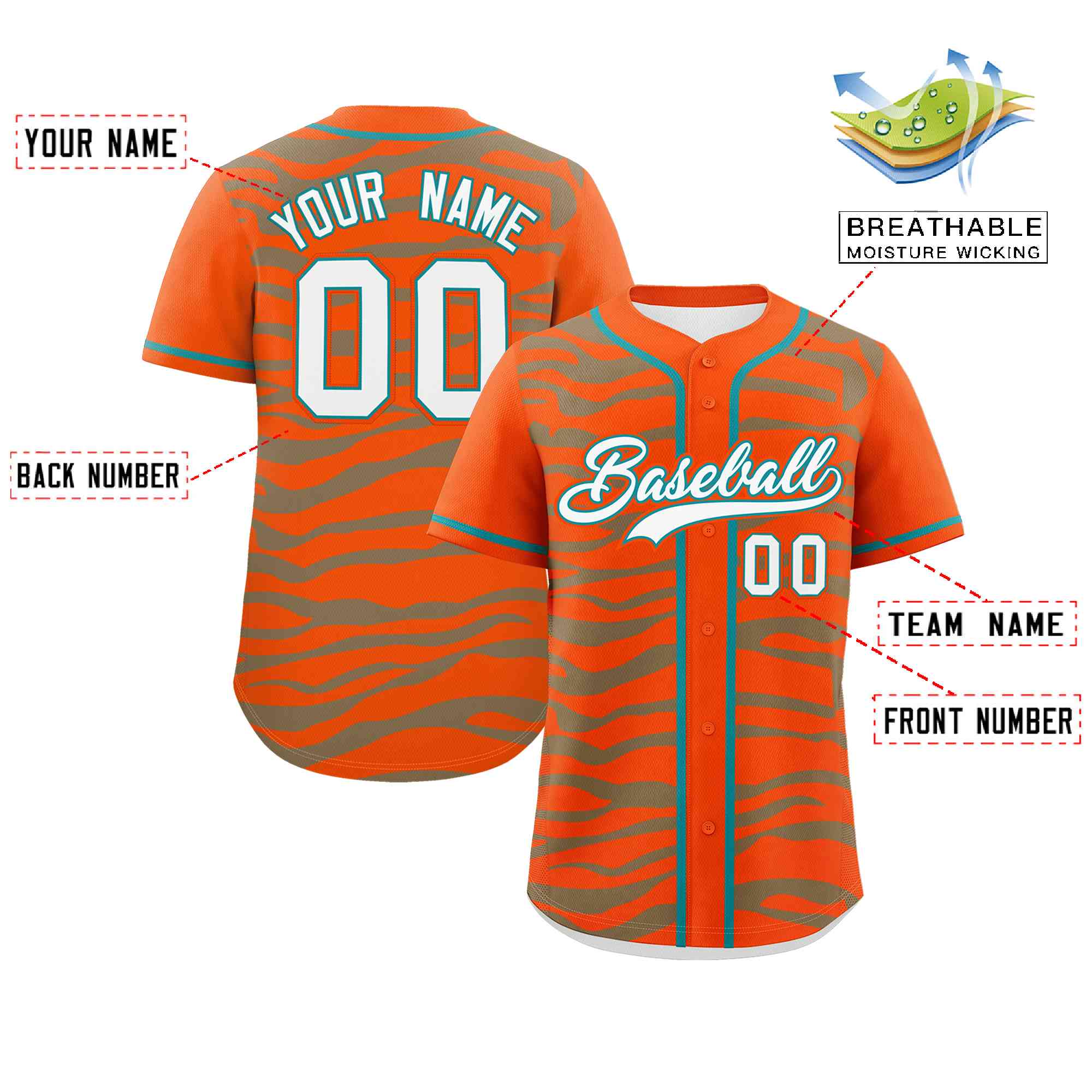 Custom Orange Aqua Zebra Stripes Graffiti Pattern Authentic Baseball Jersey