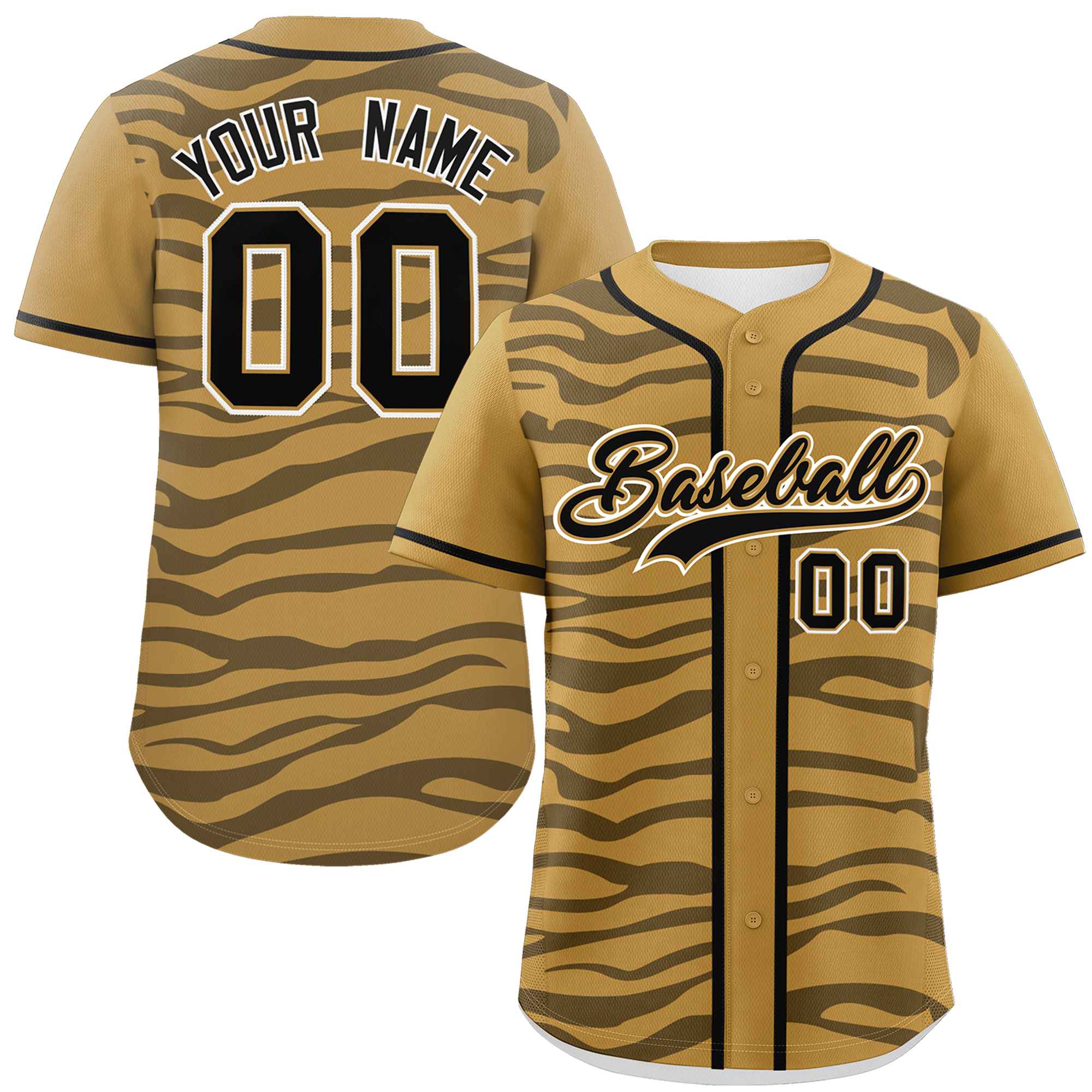 Custom Old Gold Black Zebra Stripes Graffiti Pattern Authentic Baseball Jersey