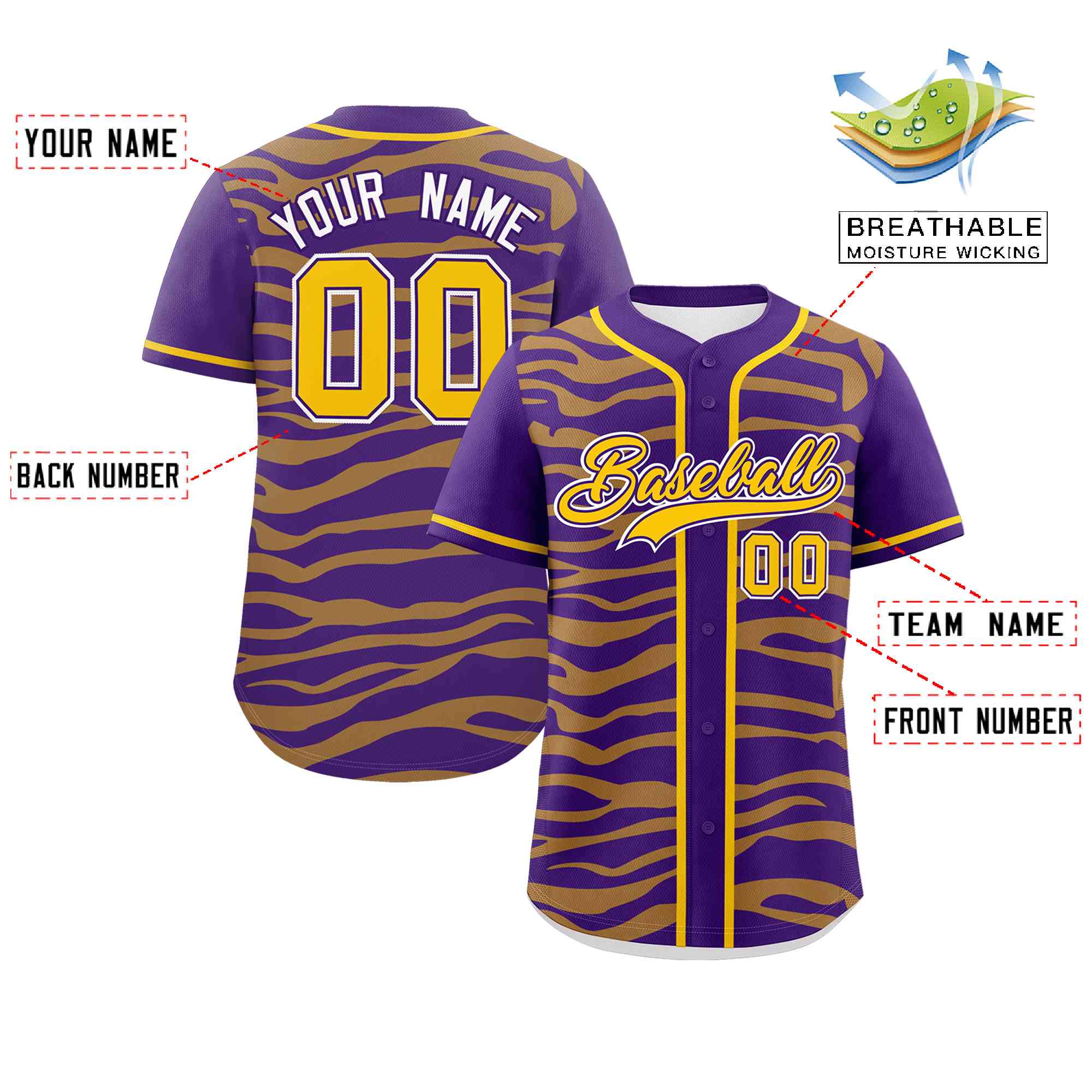 Custom Purple Gold Zebra Stripes Graffiti Pattern Authentic Baseball Jersey