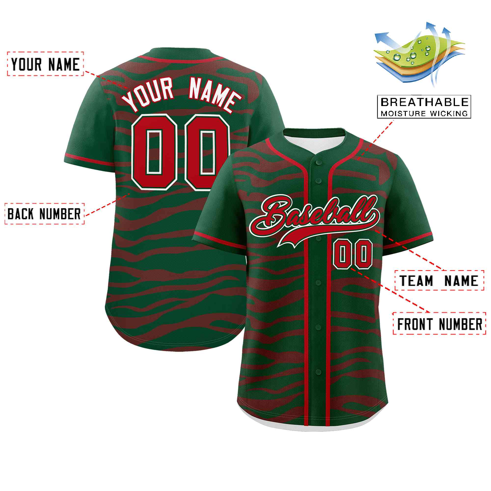 Custom Green Red Zebra Stripes Graffiti Pattern Authentic Baseball Jersey