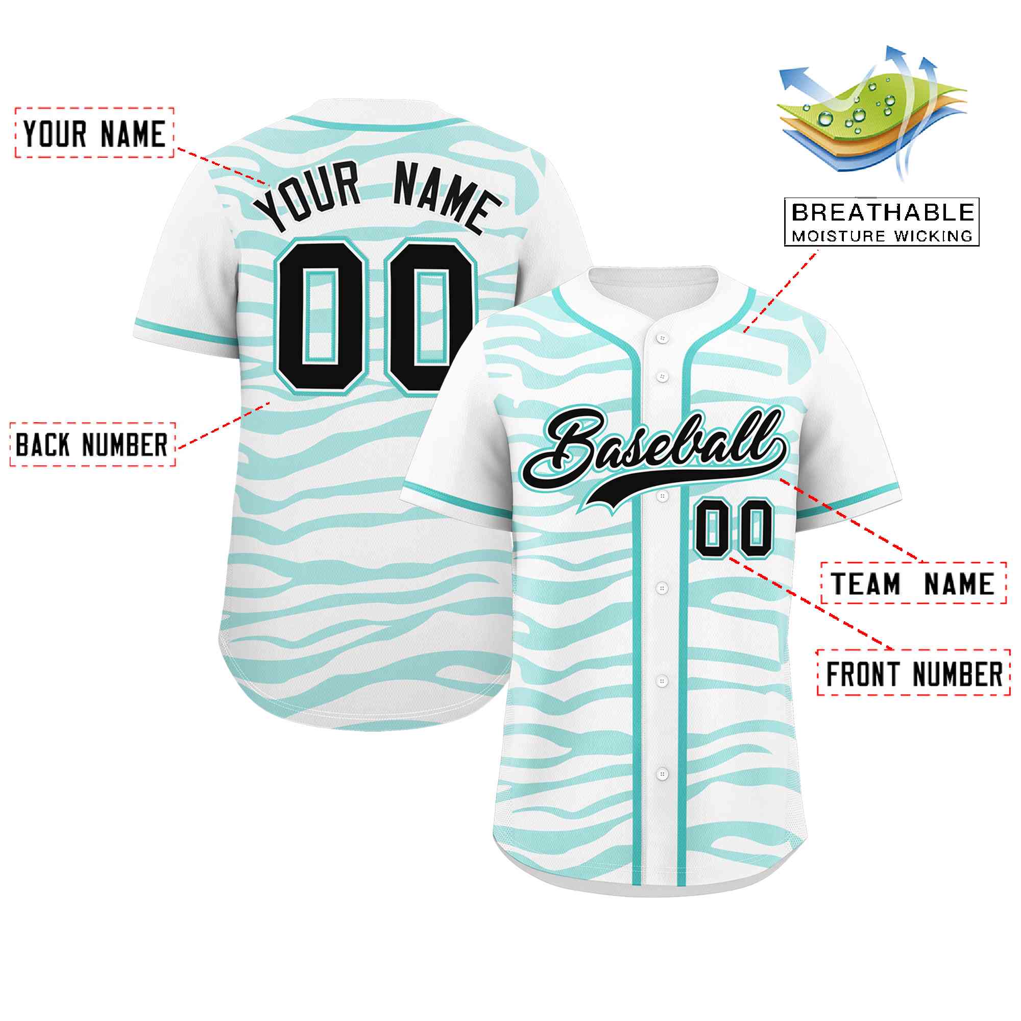 Custom White Aqua Zebra Stripes Graffiti Pattern Authentic Baseball Jersey