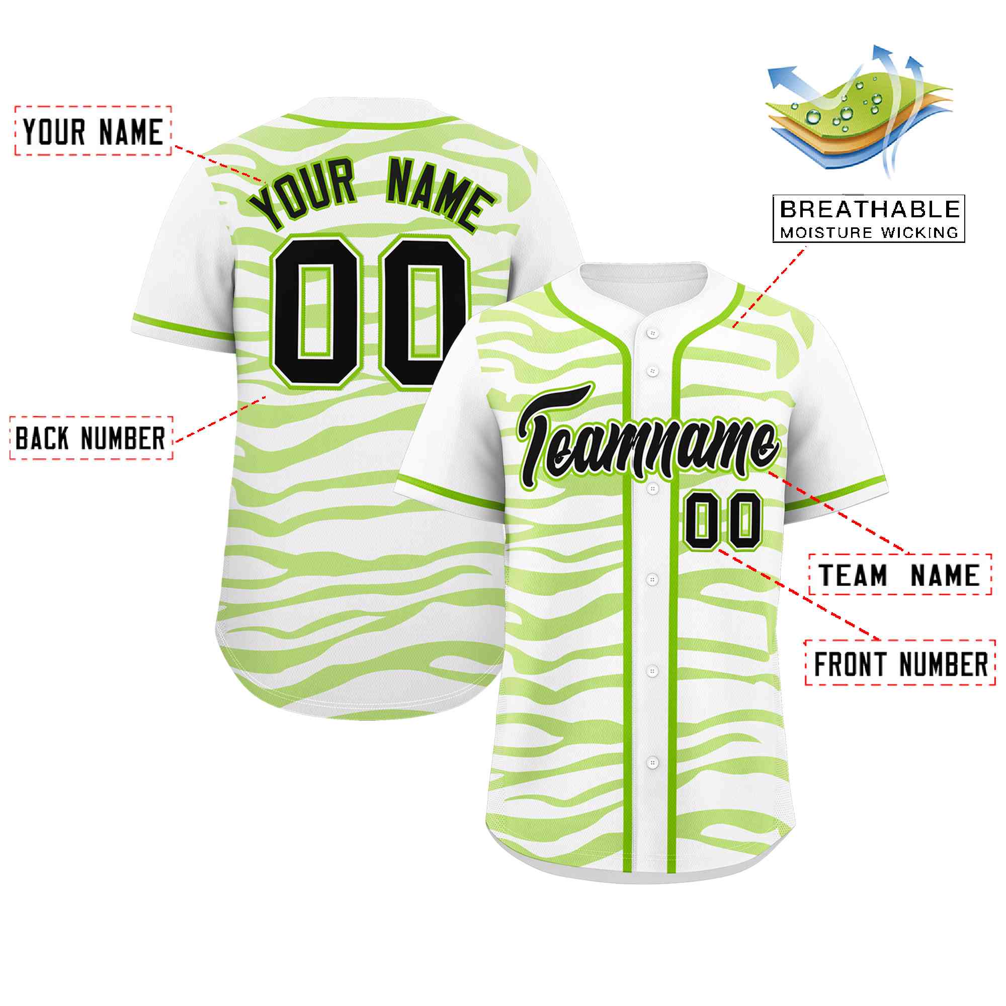 Custom White Neon Green Zebra Stripes Graffiti Pattern Authentic Baseball Jersey