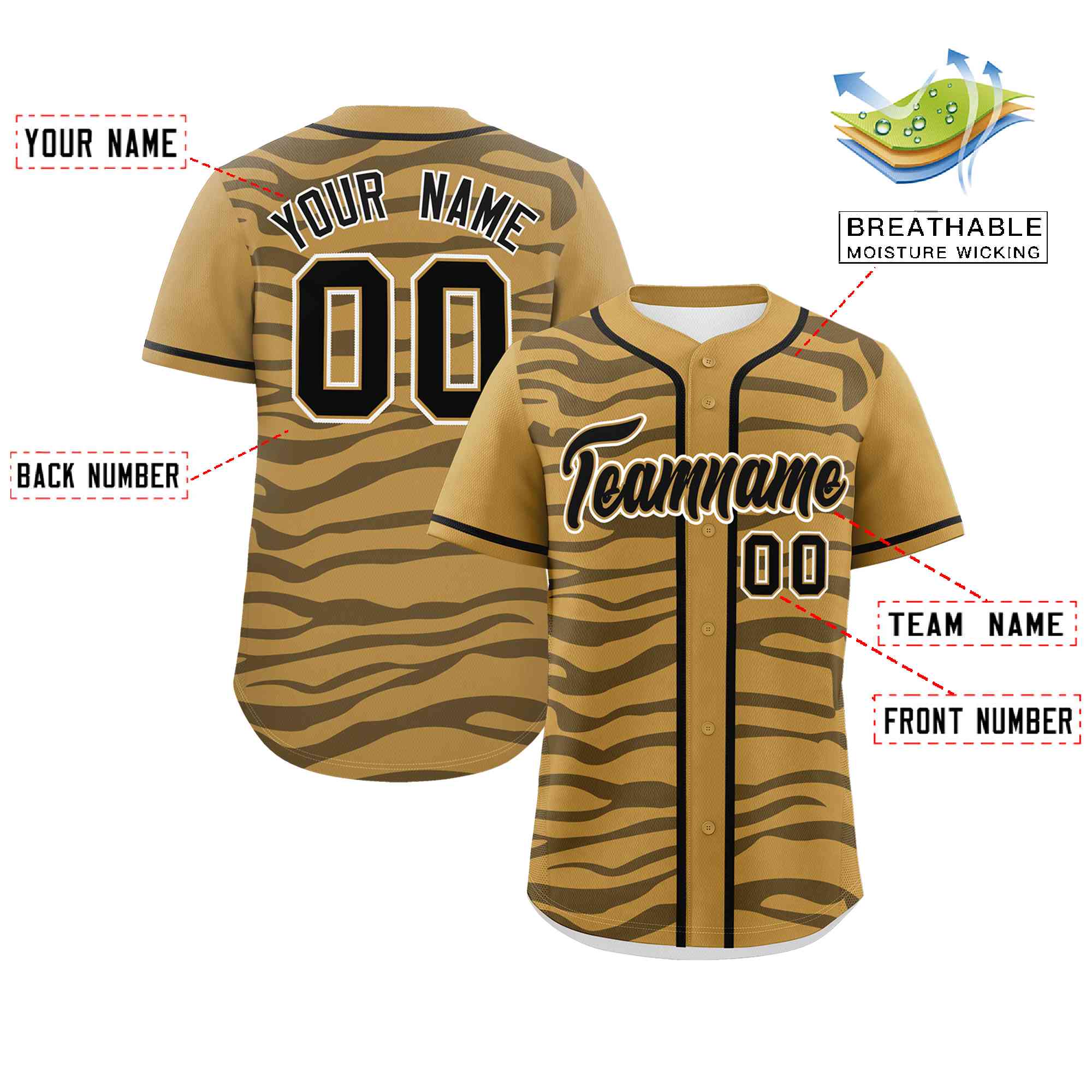 Custom Old Gold Black Zebra Stripes Graffiti Pattern Authentic Baseball Jersey