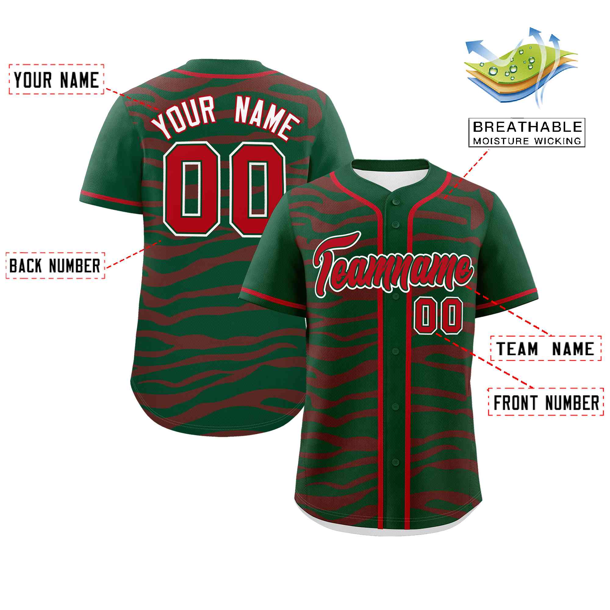 Custom Green Red Zebra Stripes Graffiti Pattern Authentic Baseball Jersey