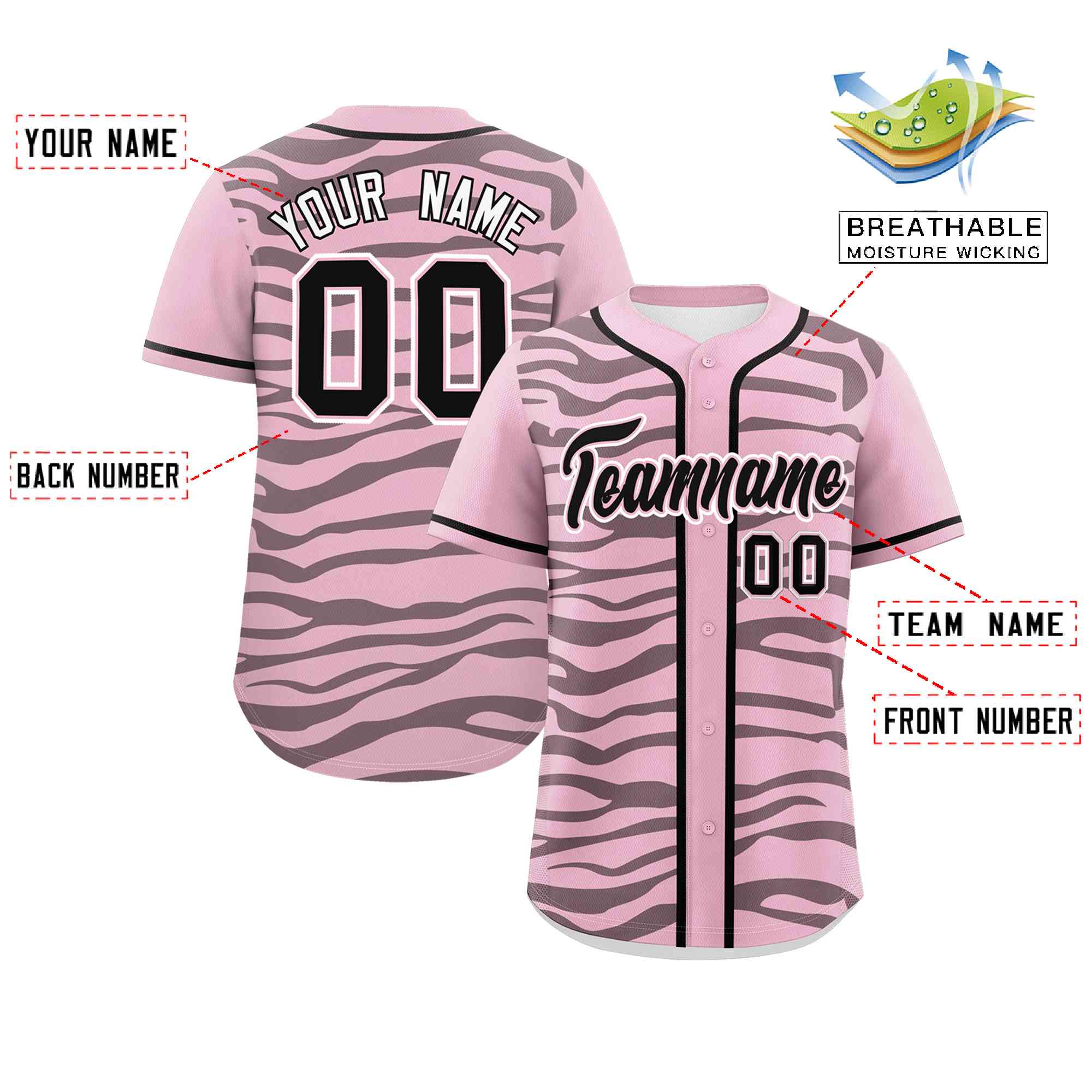 Custom Light Pink Black Zebra Stripes Graffiti Pattern Authentic Baseball Jersey