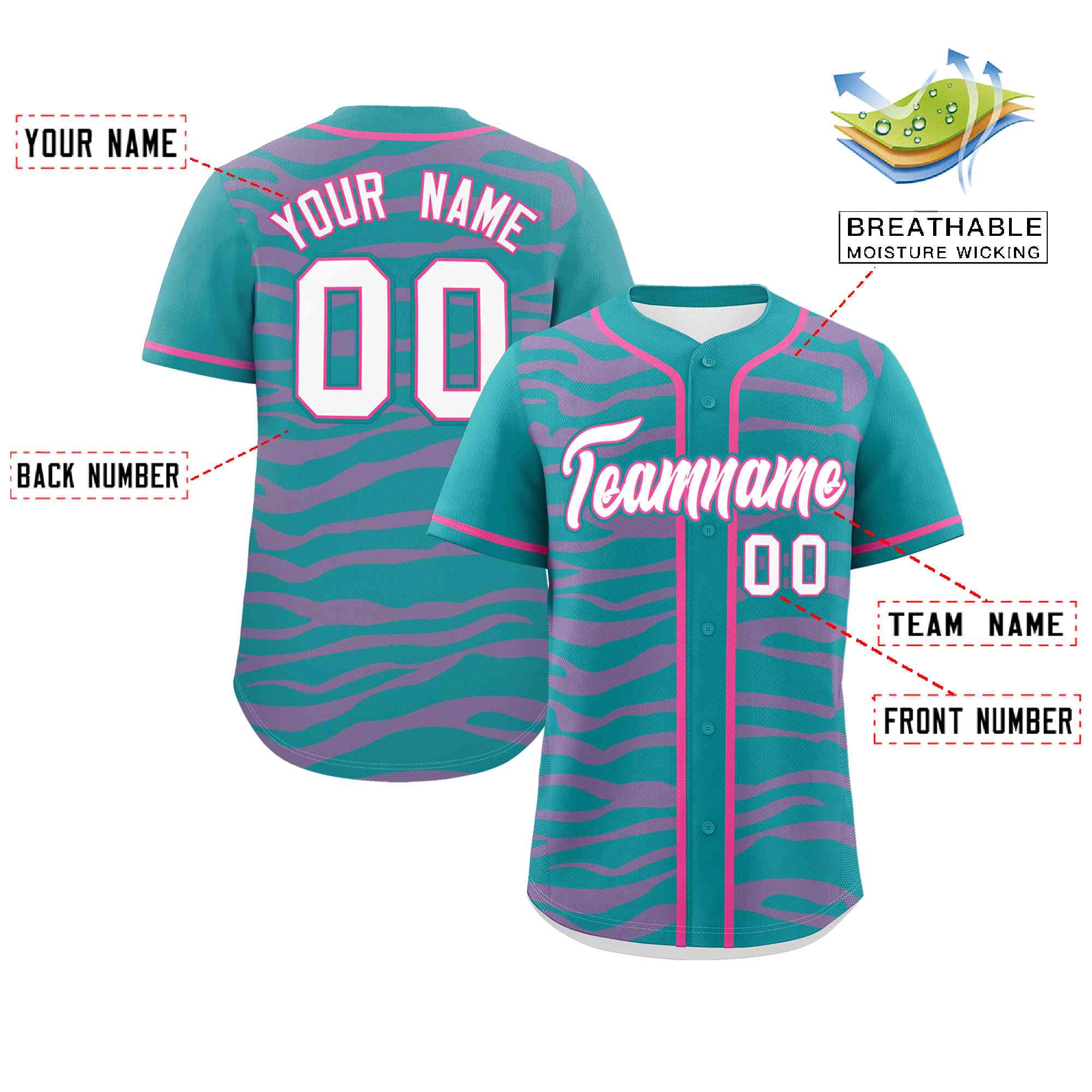 Custom Aqua Pink Zebra Stripes Graffiti Pattern Authentic Baseball Jersey