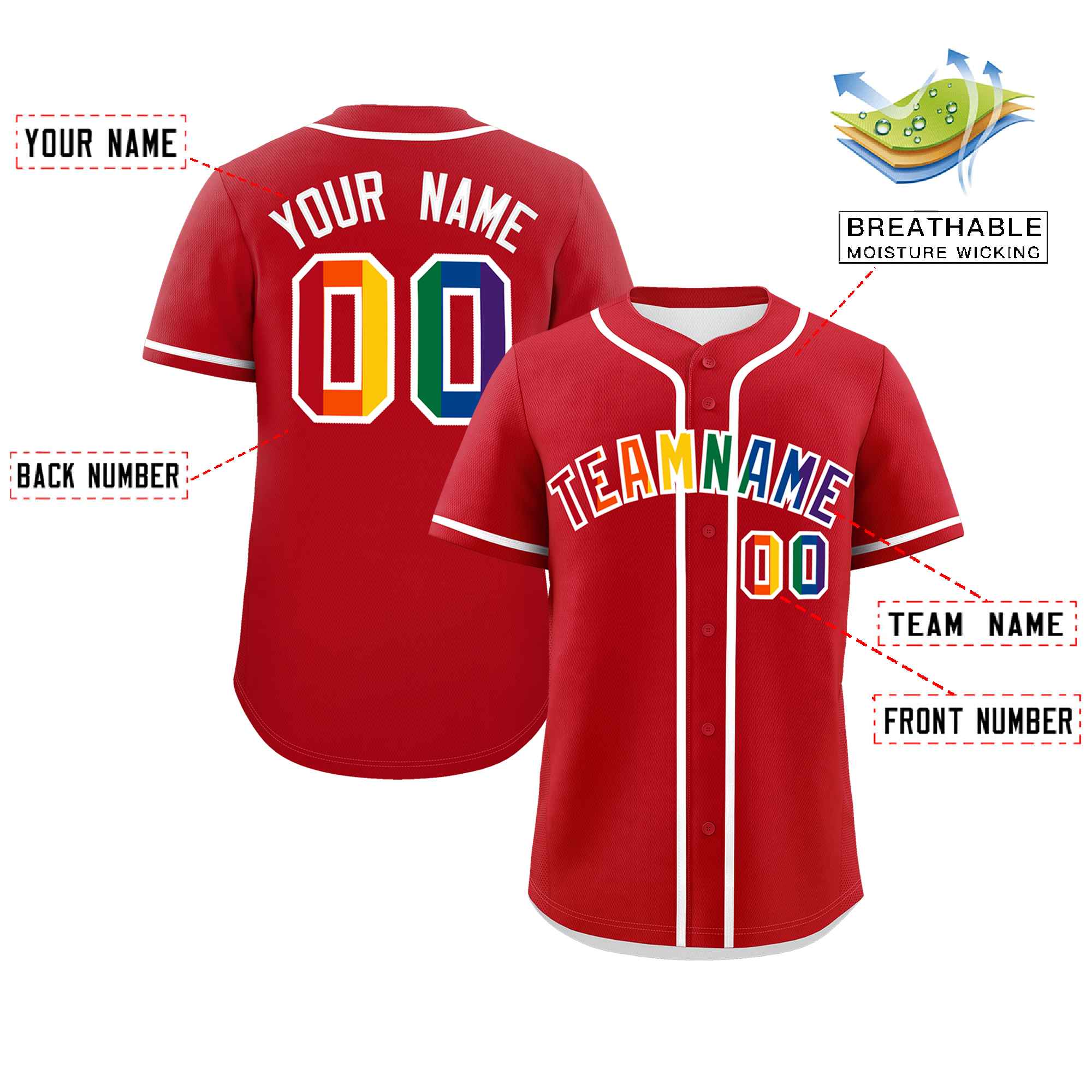 Custom Red LGBT Rainbow For Pride Month Classic Style Authentic Baseball Jersey