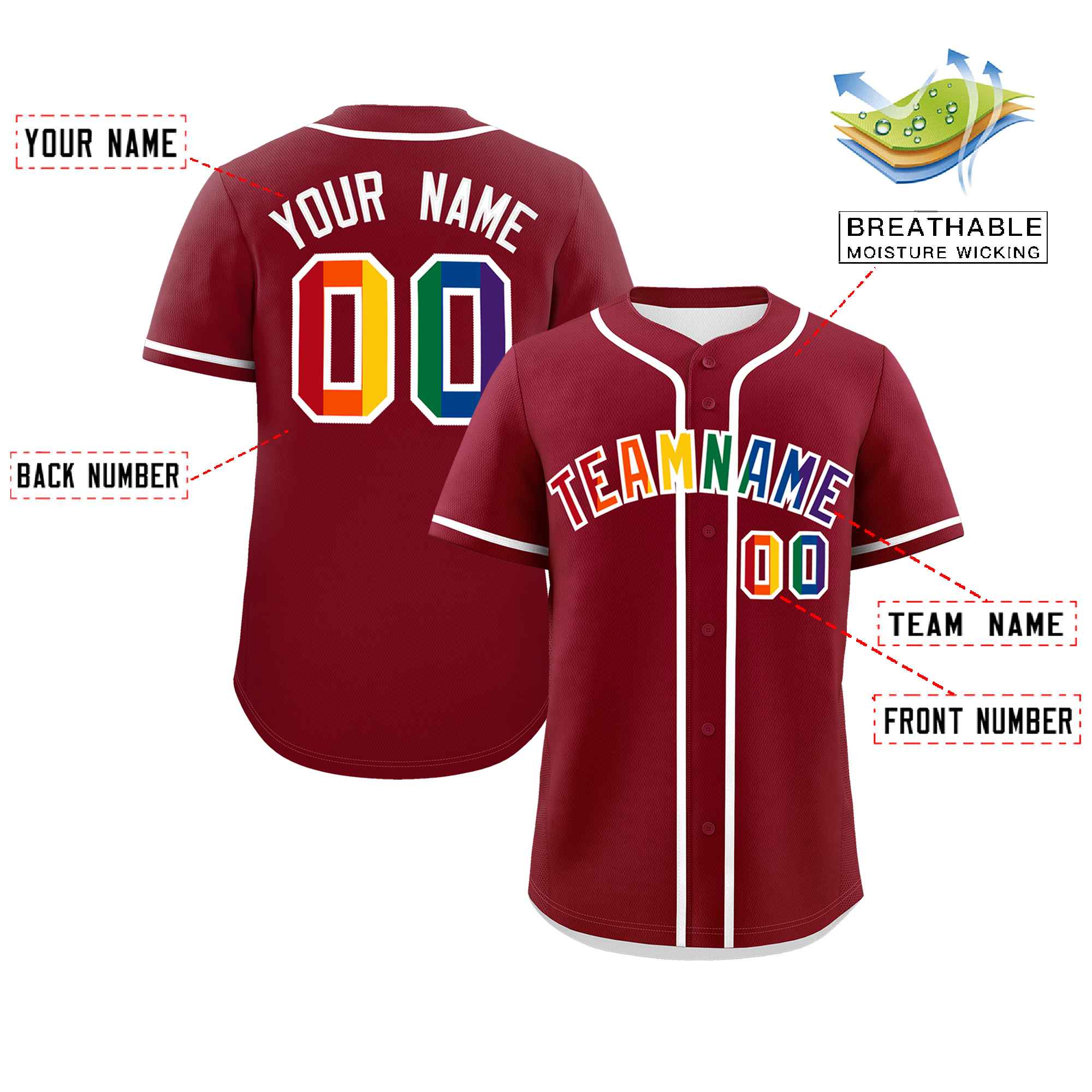 Custom Crimson LGBT Rainbow For Pride Month Classic Style Authentic Baseball Jersey