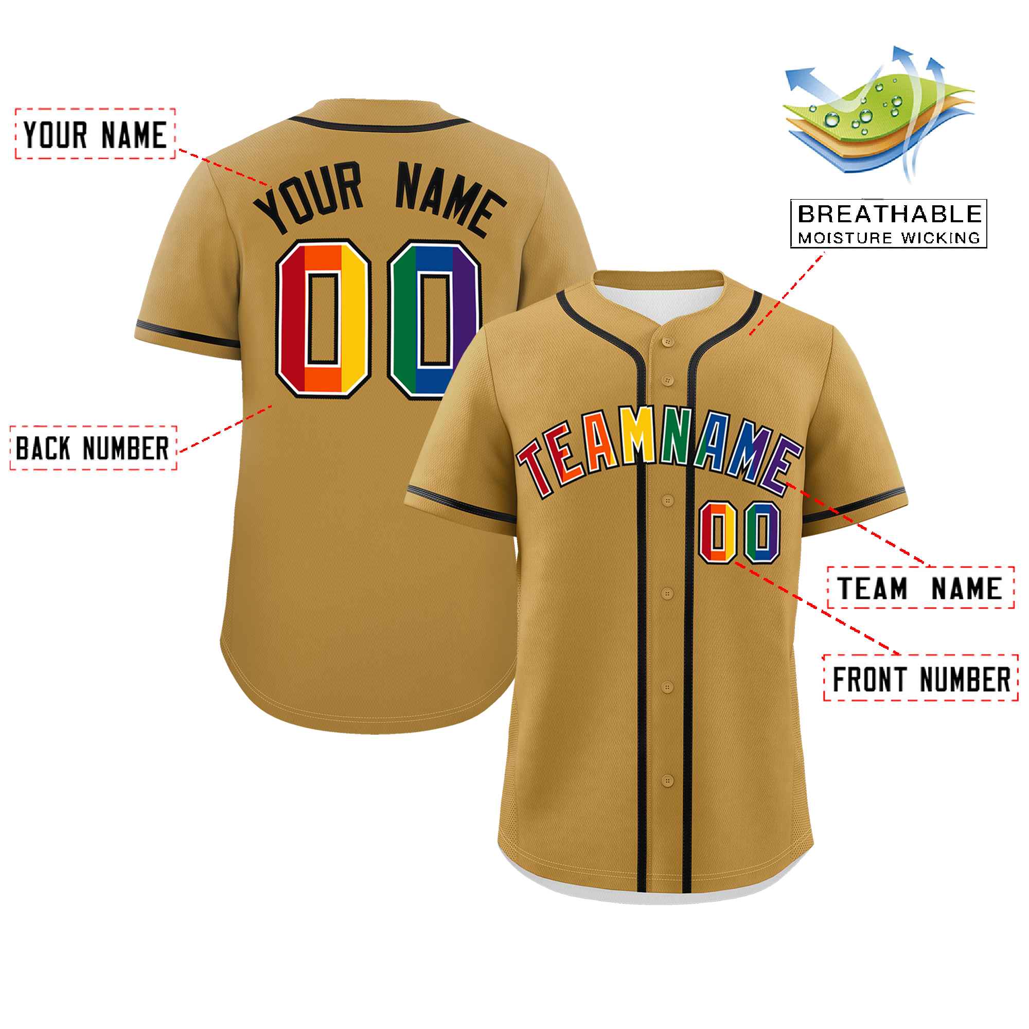 Custom Old Gold LGBT Rainbow For Pride Month Classic Style Authentic Baseball Jersey