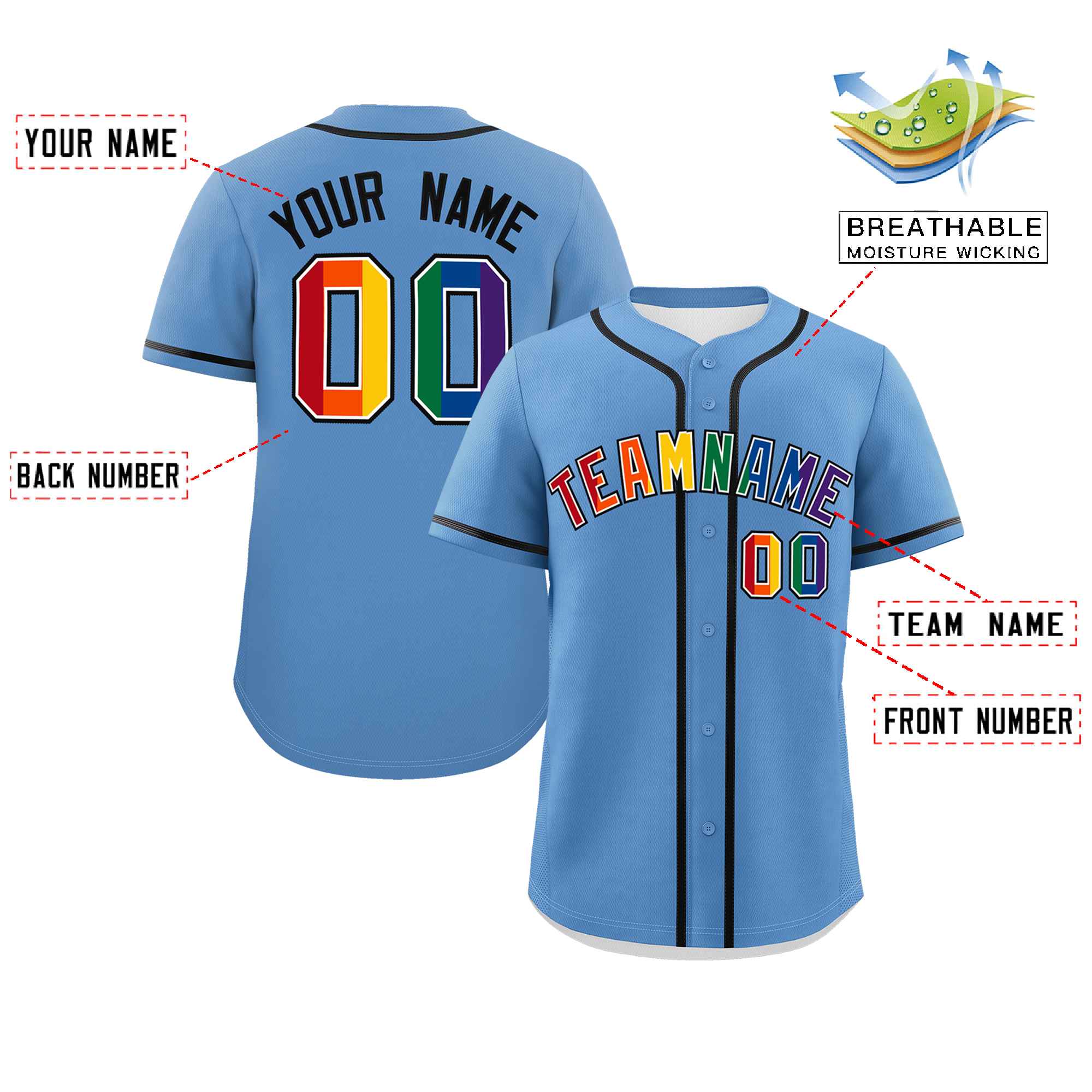 Custom Light Blue LGBT Rainbow For Pride Month Classic Style Authentic Baseball Jersey