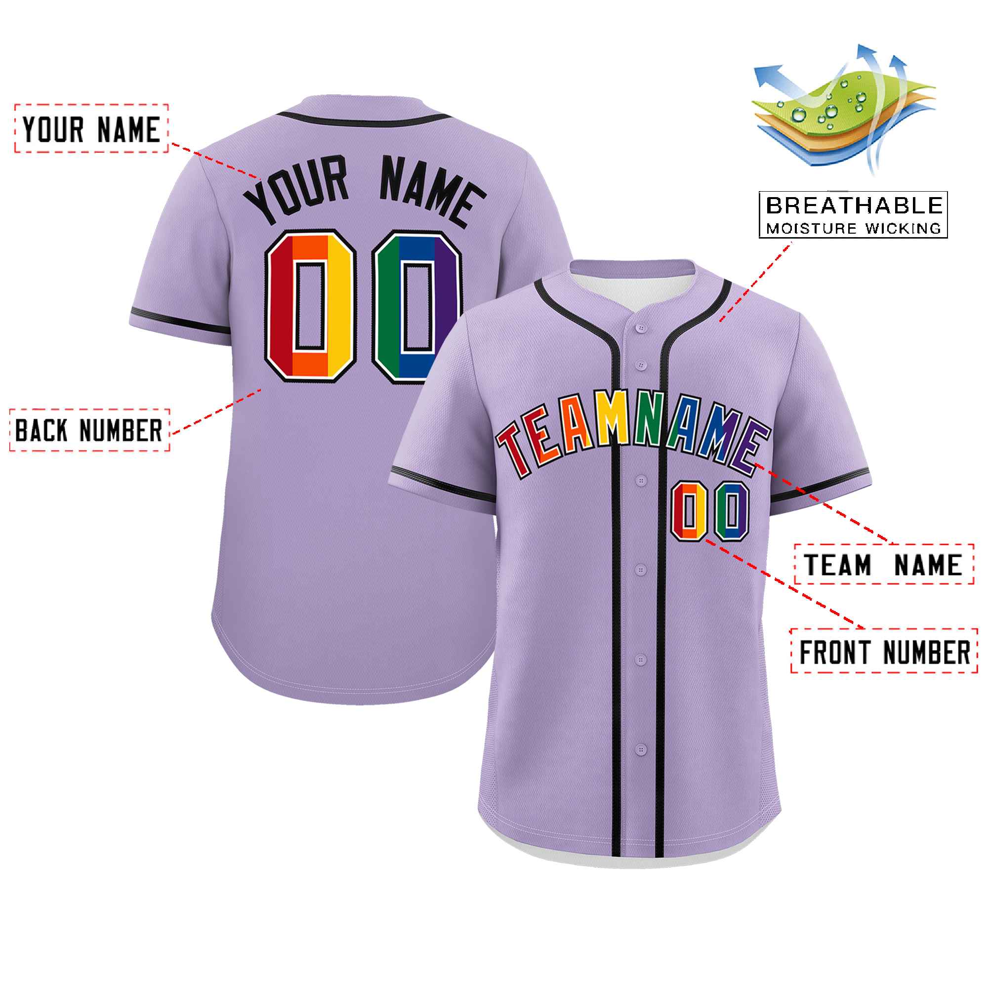 Custom Light Purple LGBT Rainbow For Pride Month Classic Style Authentic Baseball Jersey