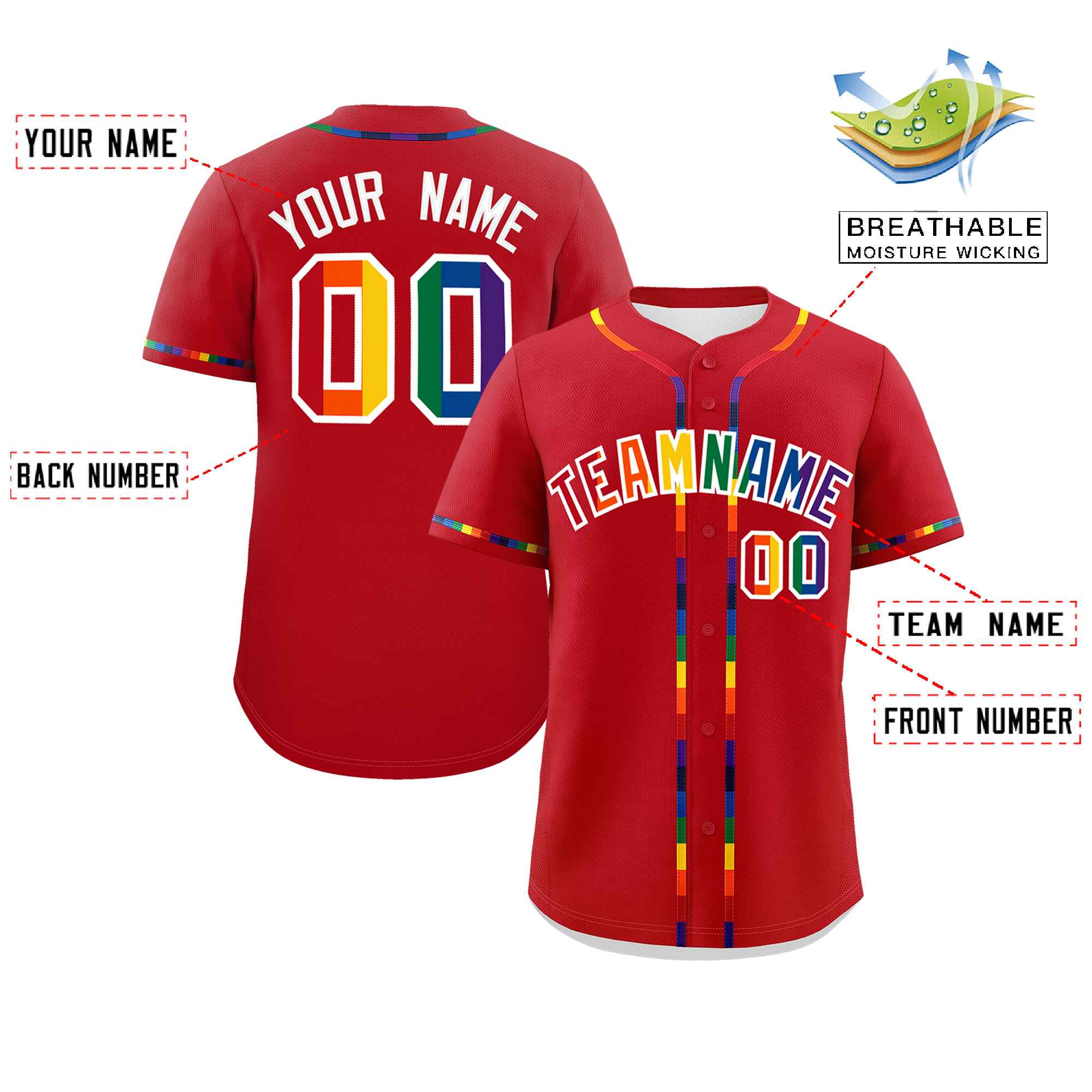 Custom Red LGBT Rainbow For Pride Month Classic Style Authentic Baseball Jersey