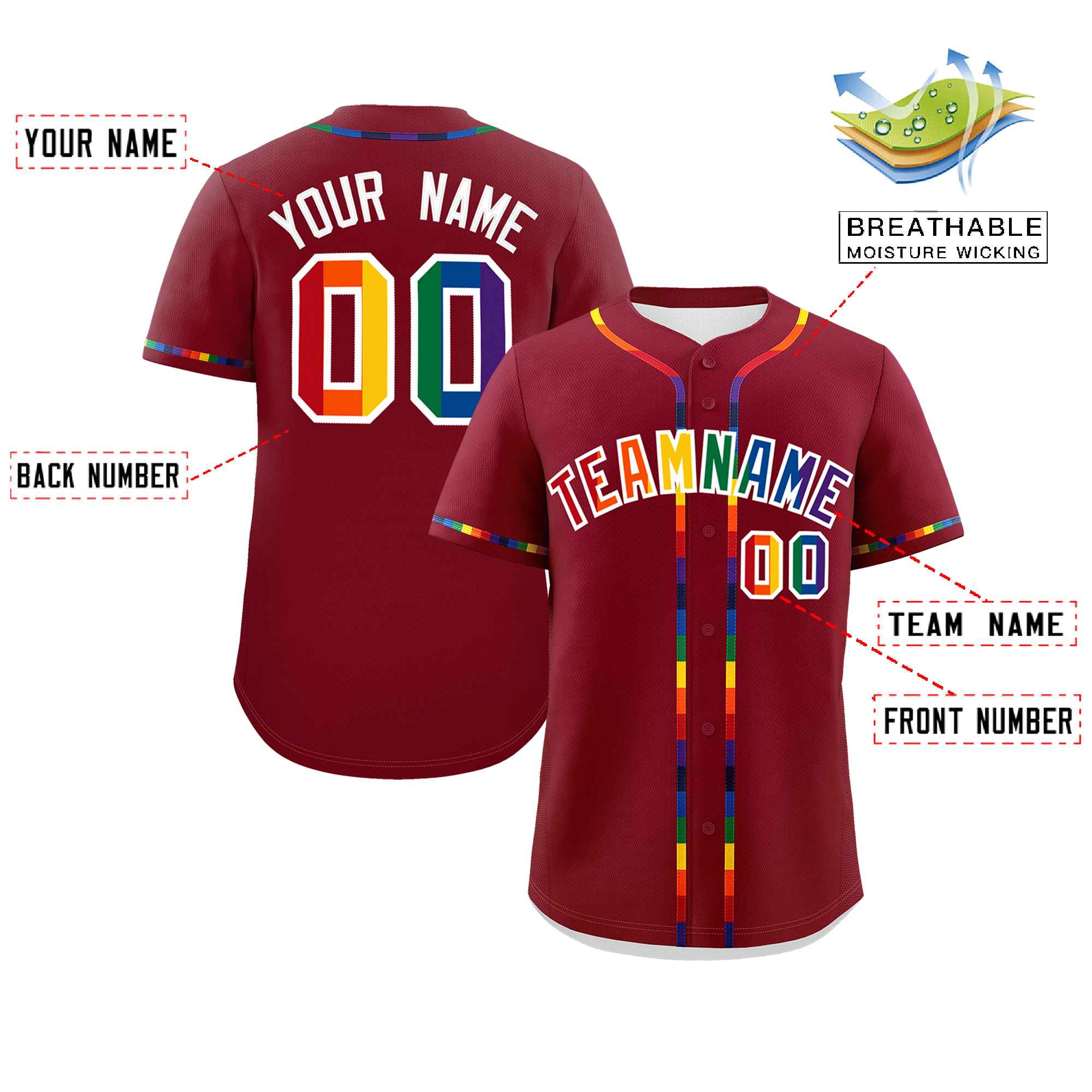 Custom Crimson LGBT Rainbow For Pride Month Classic Style Authentic Baseball Jersey