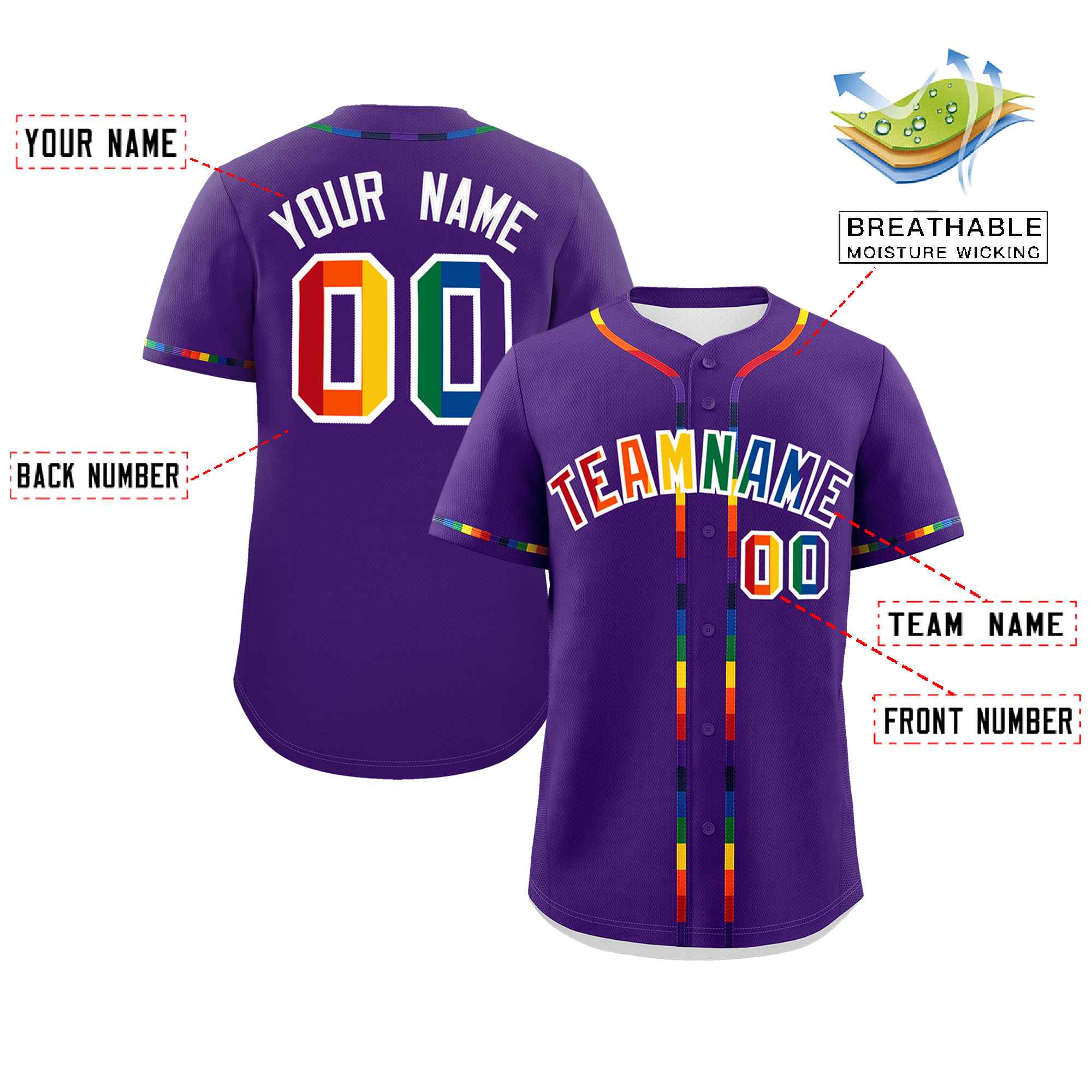 Custom Purple LGBT Rainbow For Pride Month Classic Style Authentic Baseball Jersey