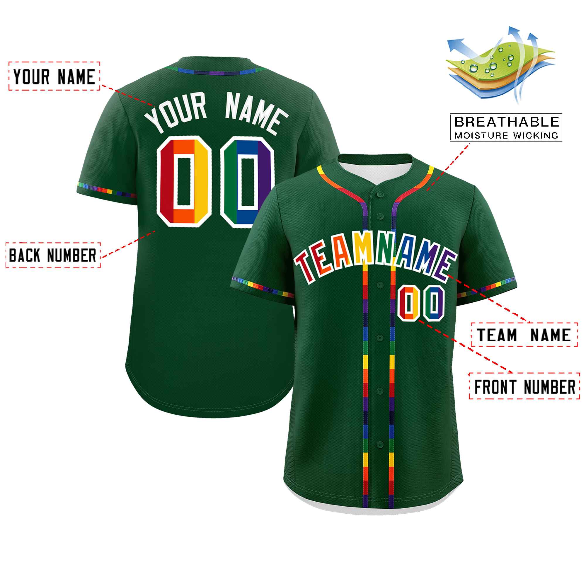 Custom Green LGBT Rainbow For Pride Month Classic Style Authentic Baseball Jersey