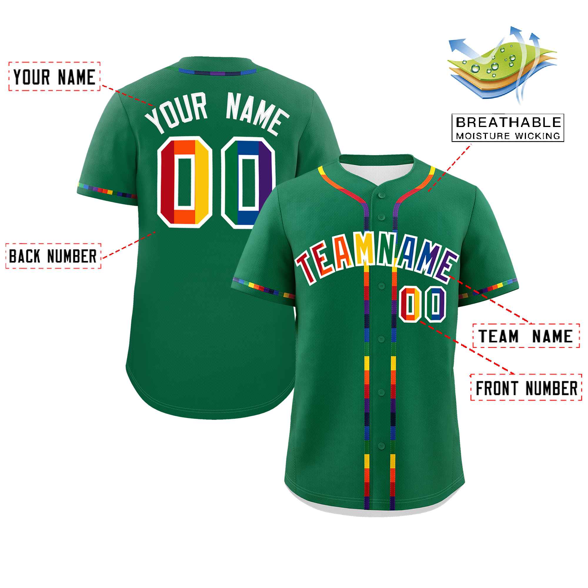 Custom Kelly Green LGBT Rainbow For Pride Month Classic Style Authentic Baseball Jersey