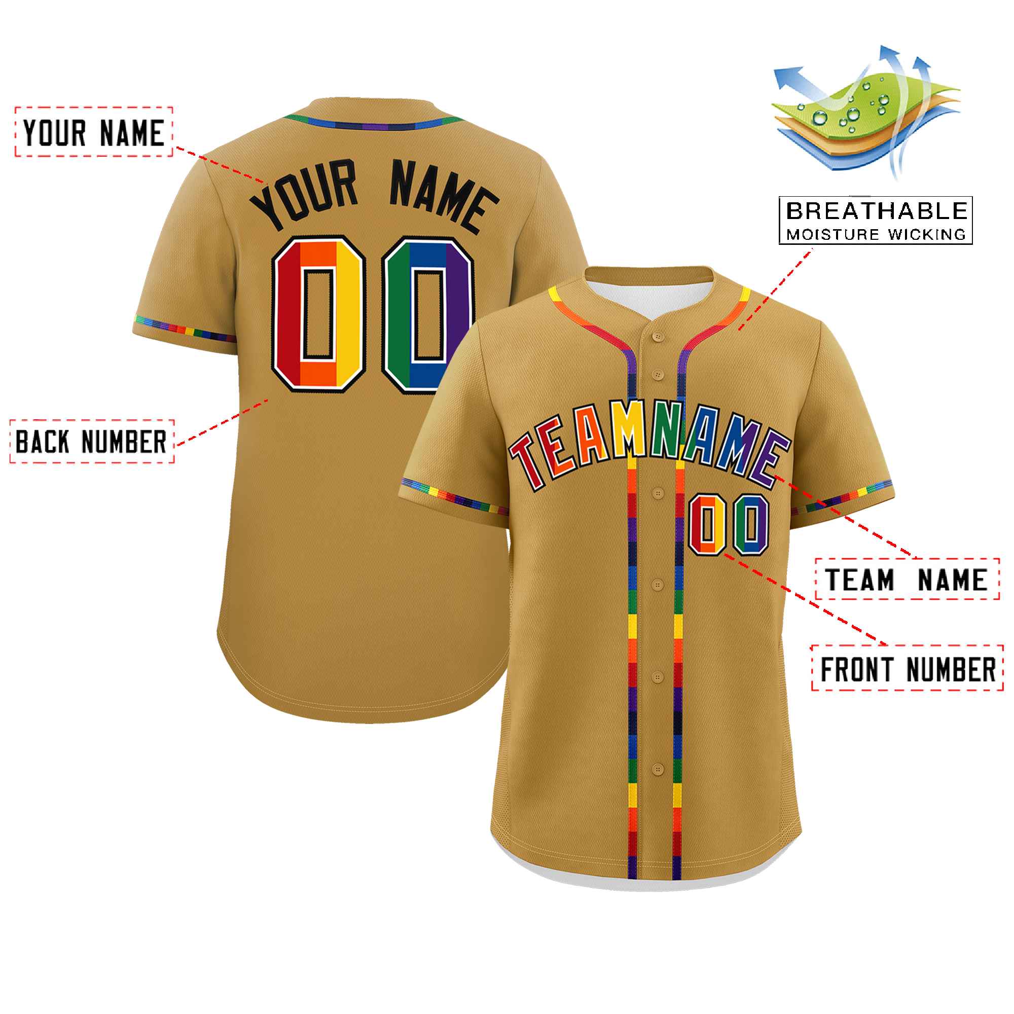 Custom Old Gold LGBT Rainbow For Pride Month Classic Style Authentic Baseball Jersey