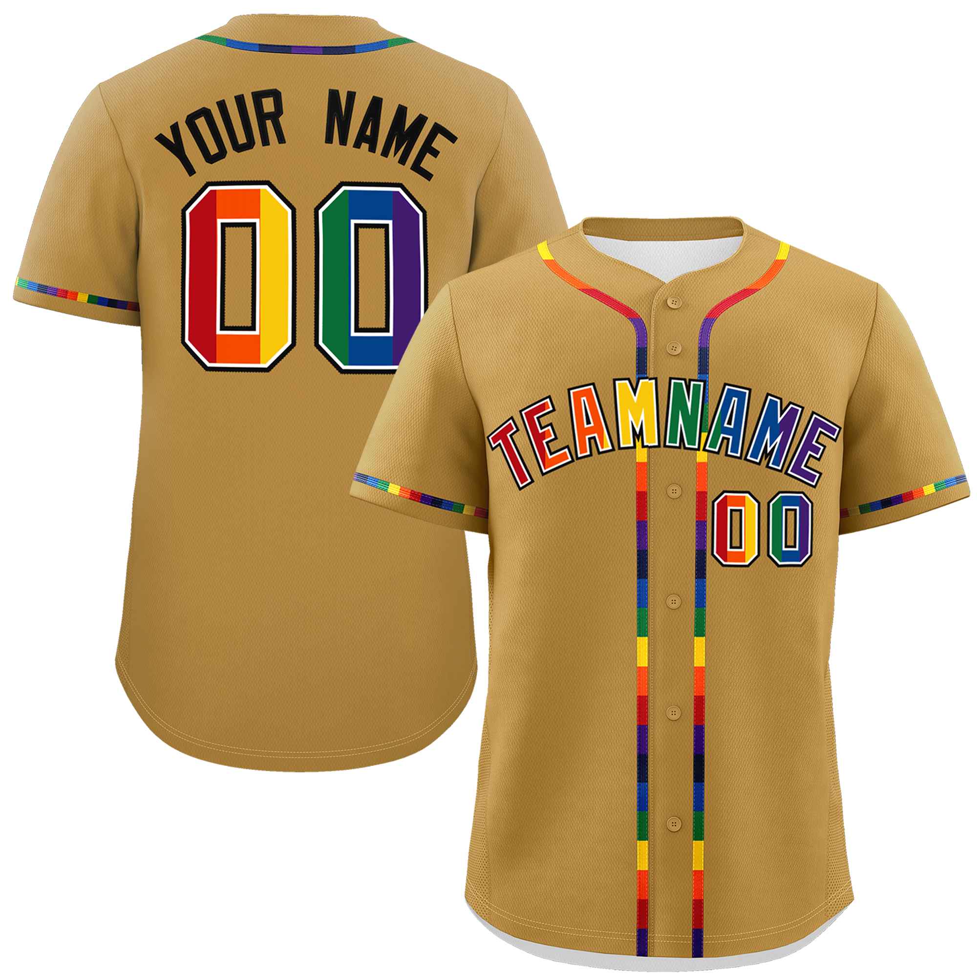 Custom Old Gold LGBT Rainbow For Pride Month Classic Style Authentic Baseball Jersey