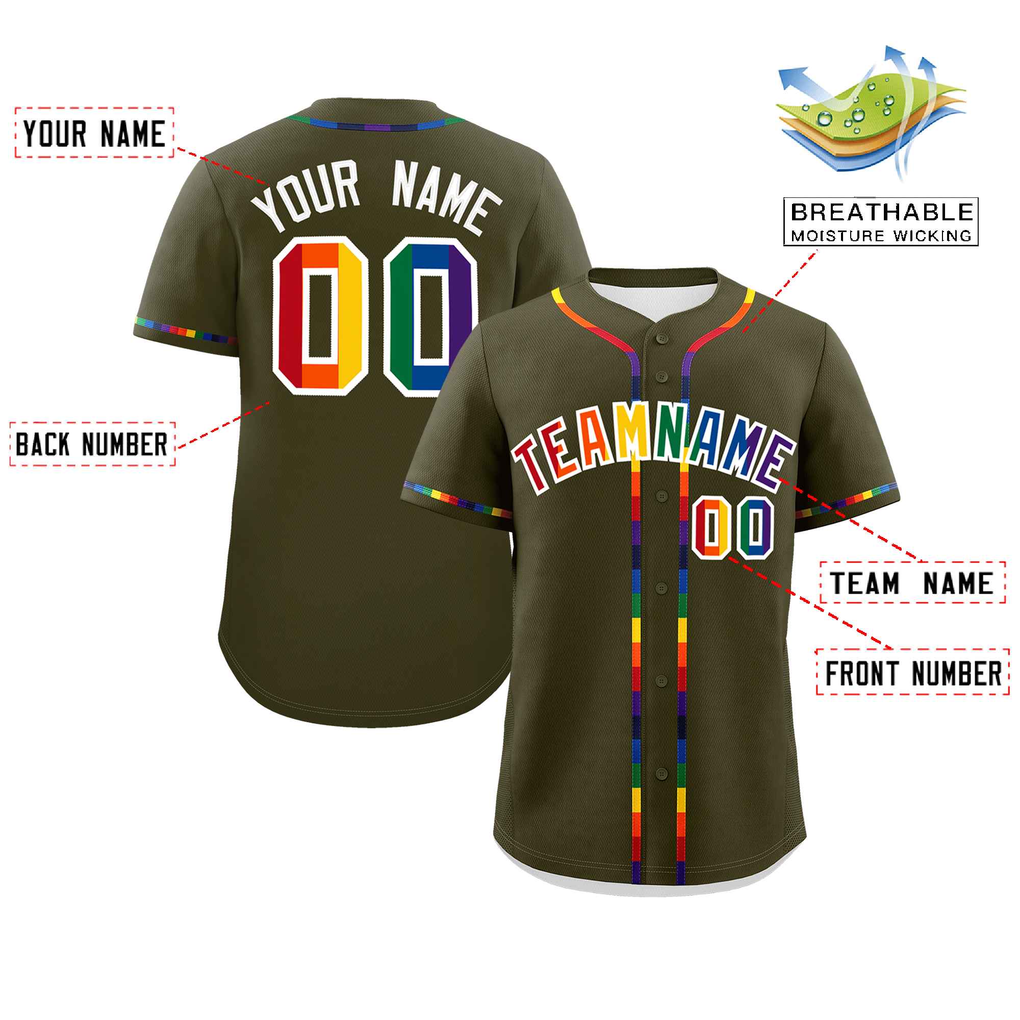 Custom Olive LGBT Rainbow For Pride Month Classic Style Authentic Baseball Jersey