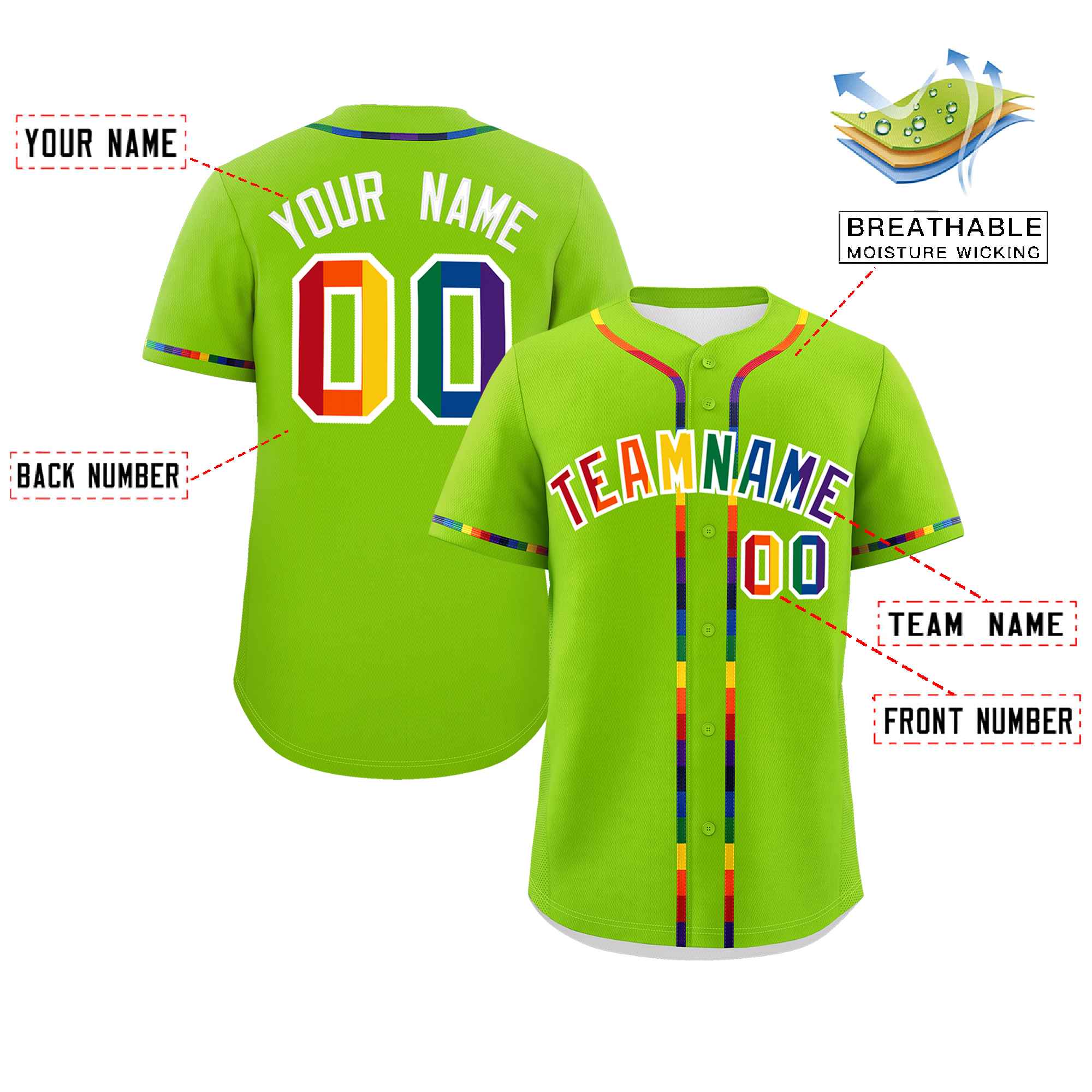 Custom Neon Green LGBT Rainbow For Pride Month Classic Style Authentic Baseball Jersey