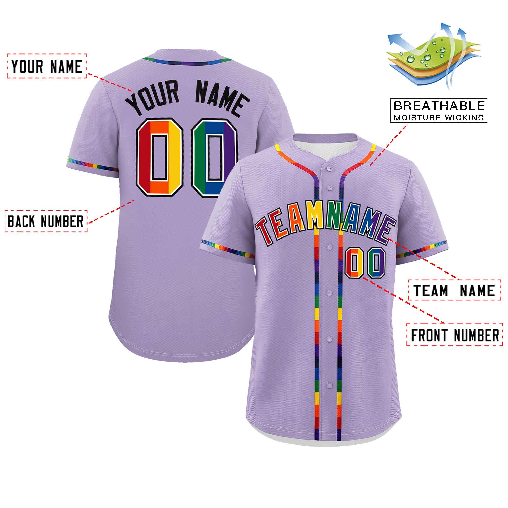 Custom Light Purple LGBT Rainbow For Pride Month Classic Style Authentic Baseball Jersey