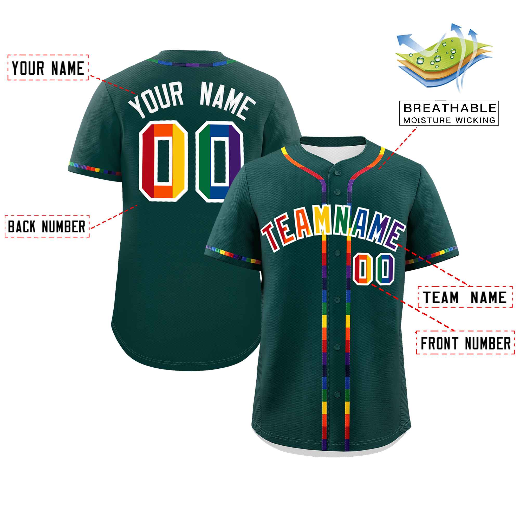 Custom Midnight Green LGBT Rainbow For Pride Month Classic Style Authentic Baseball Jersey