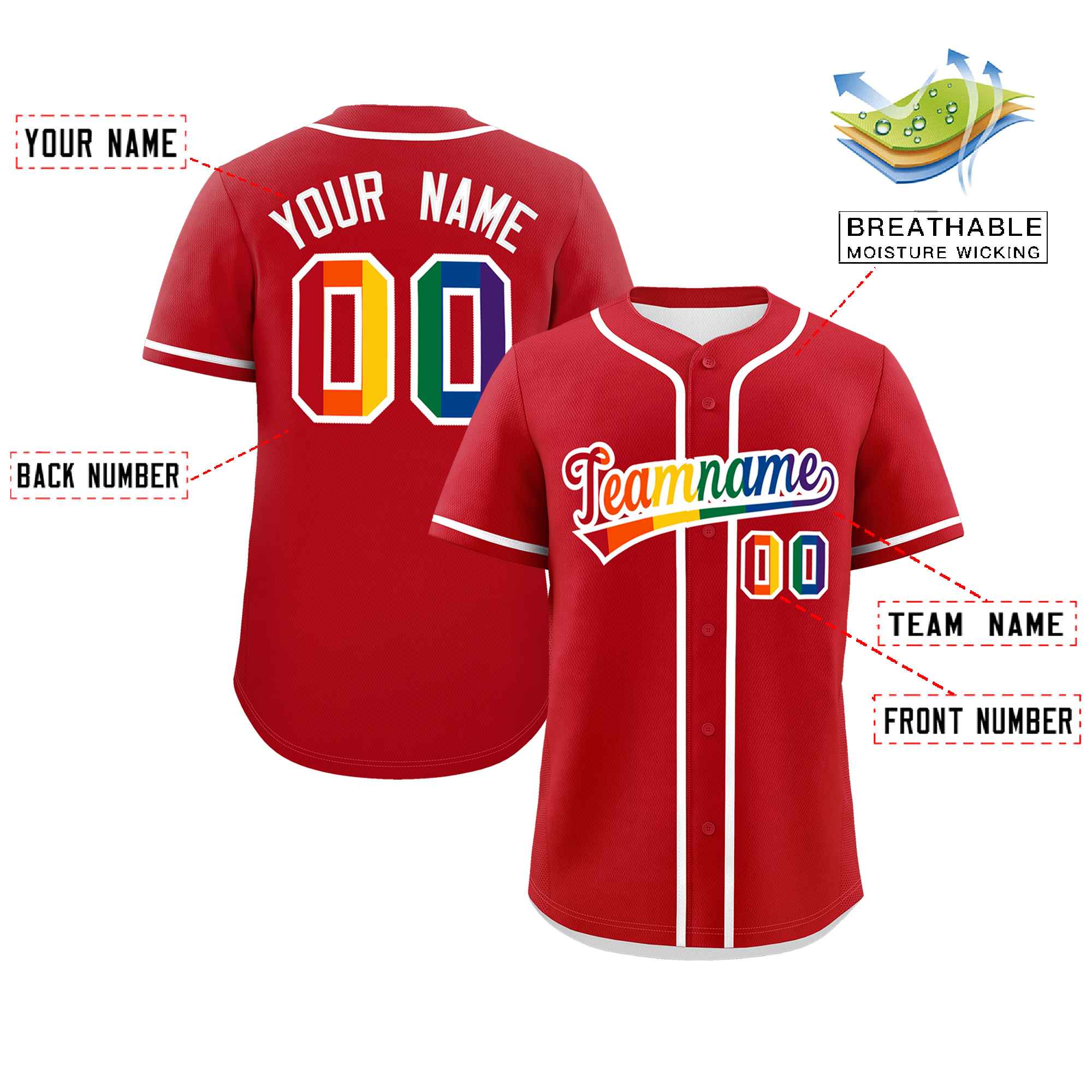 Custom Red LGBT Rainbow For Pride Month Classic Style Authentic Baseball Jersey