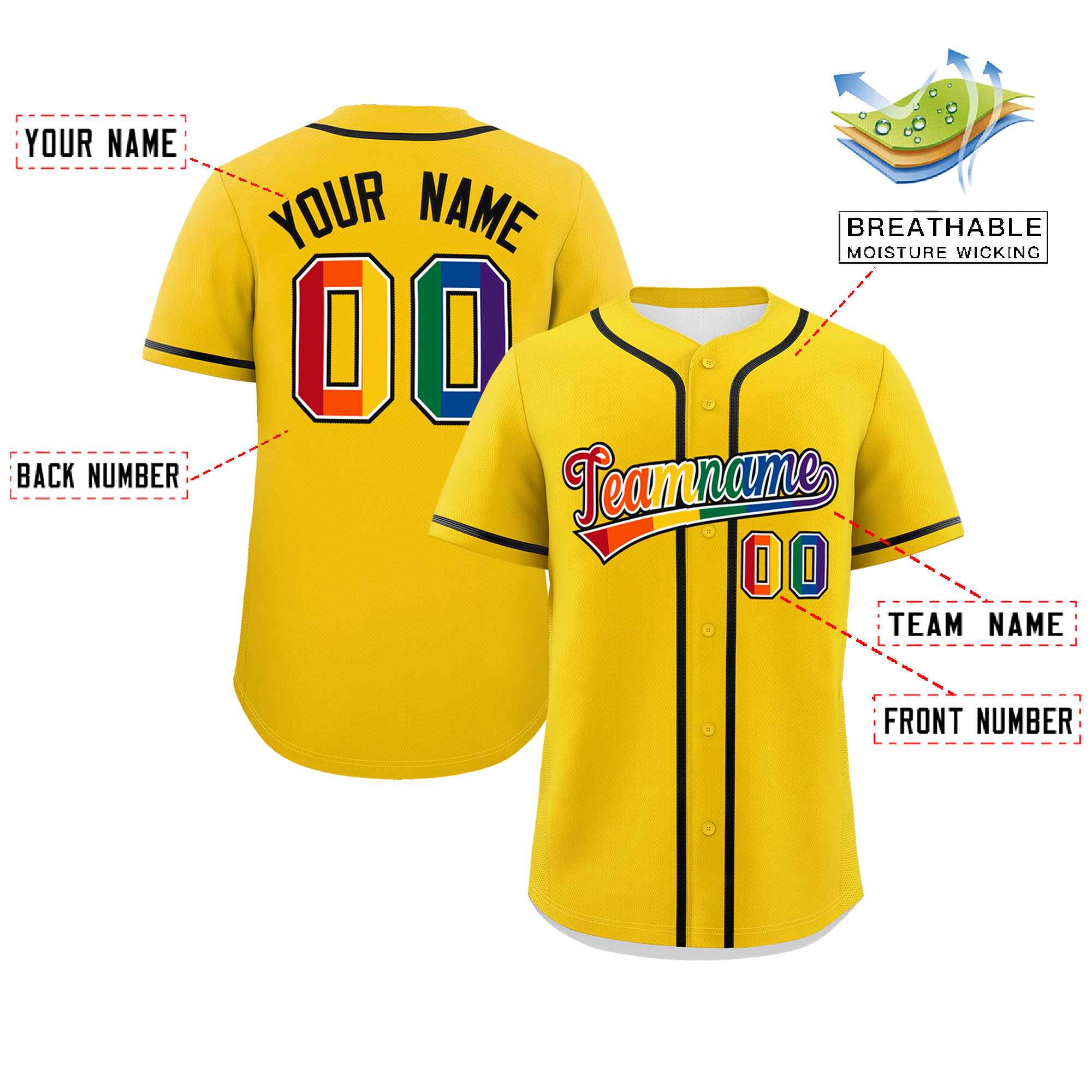 Custom Gold LGBT Rainbow For Pride Month Classic Style Authentic Baseball Jersey