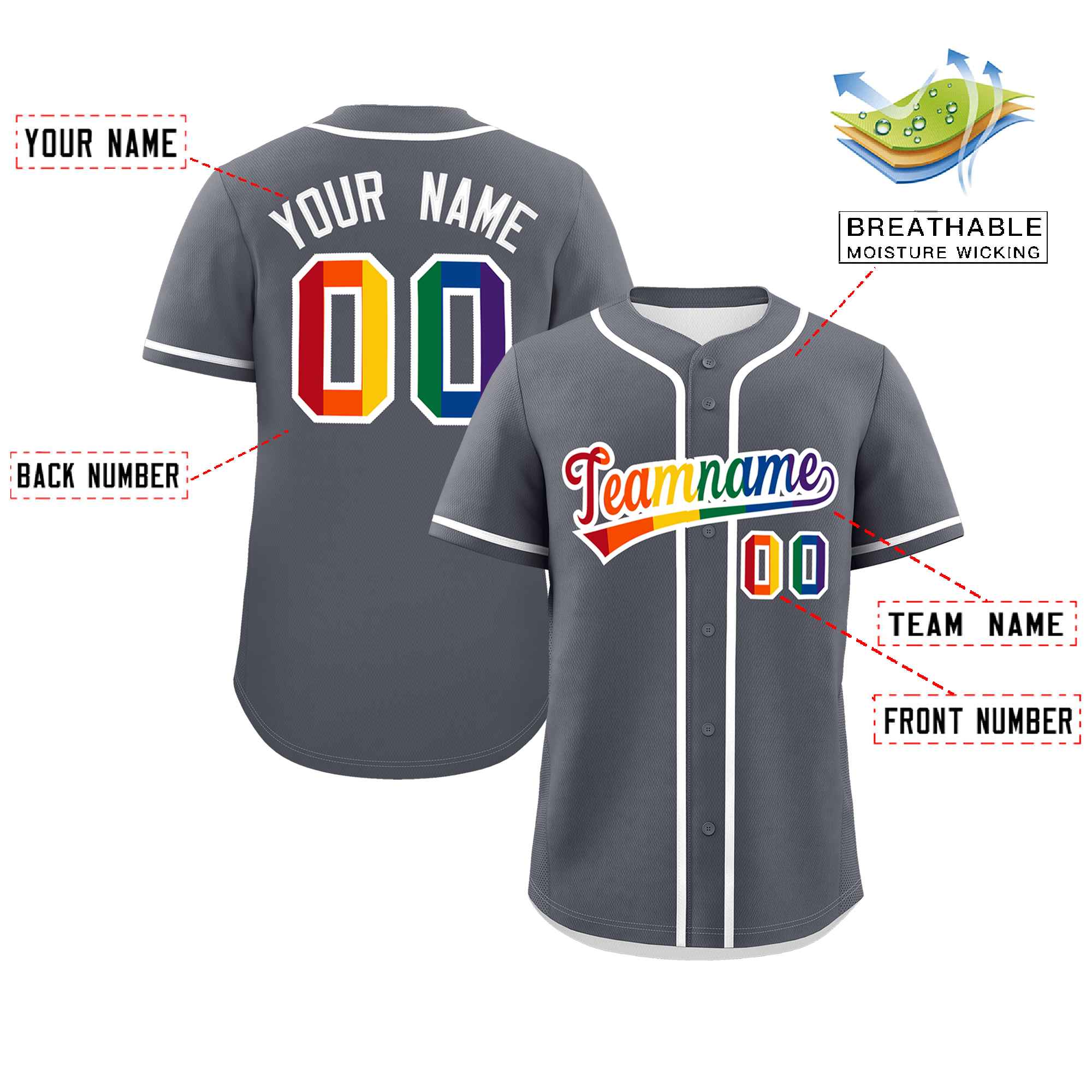 Custom Dark Gray LGBT Rainbow For Pride Month Classic Style Authentic Baseball Jersey