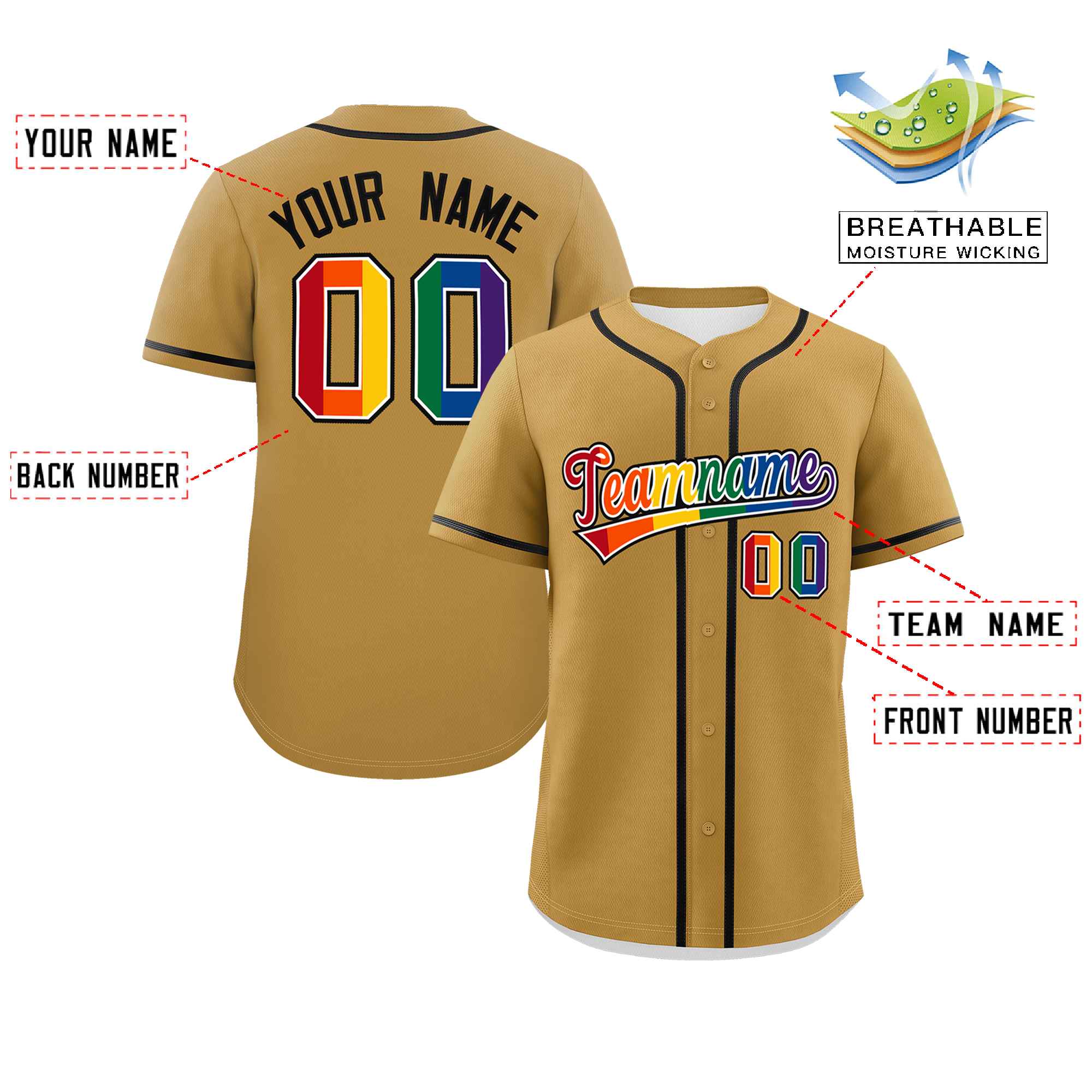 Custom Old Gold LGBT Rainbow For Pride Month Classic Style Authentic Baseball Jersey