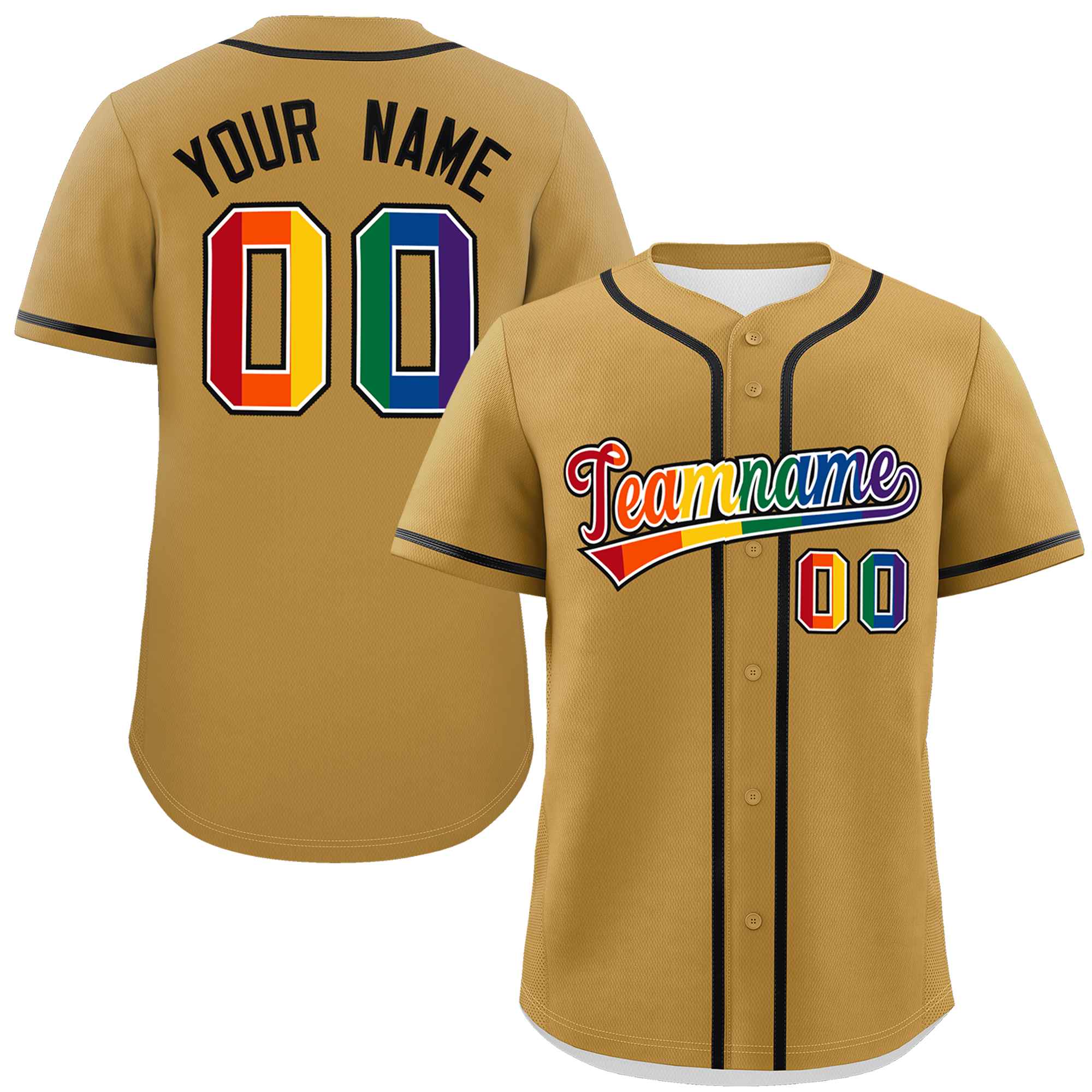 Custom Old Gold LGBT Rainbow For Pride Month Classic Style Authentic Baseball Jersey