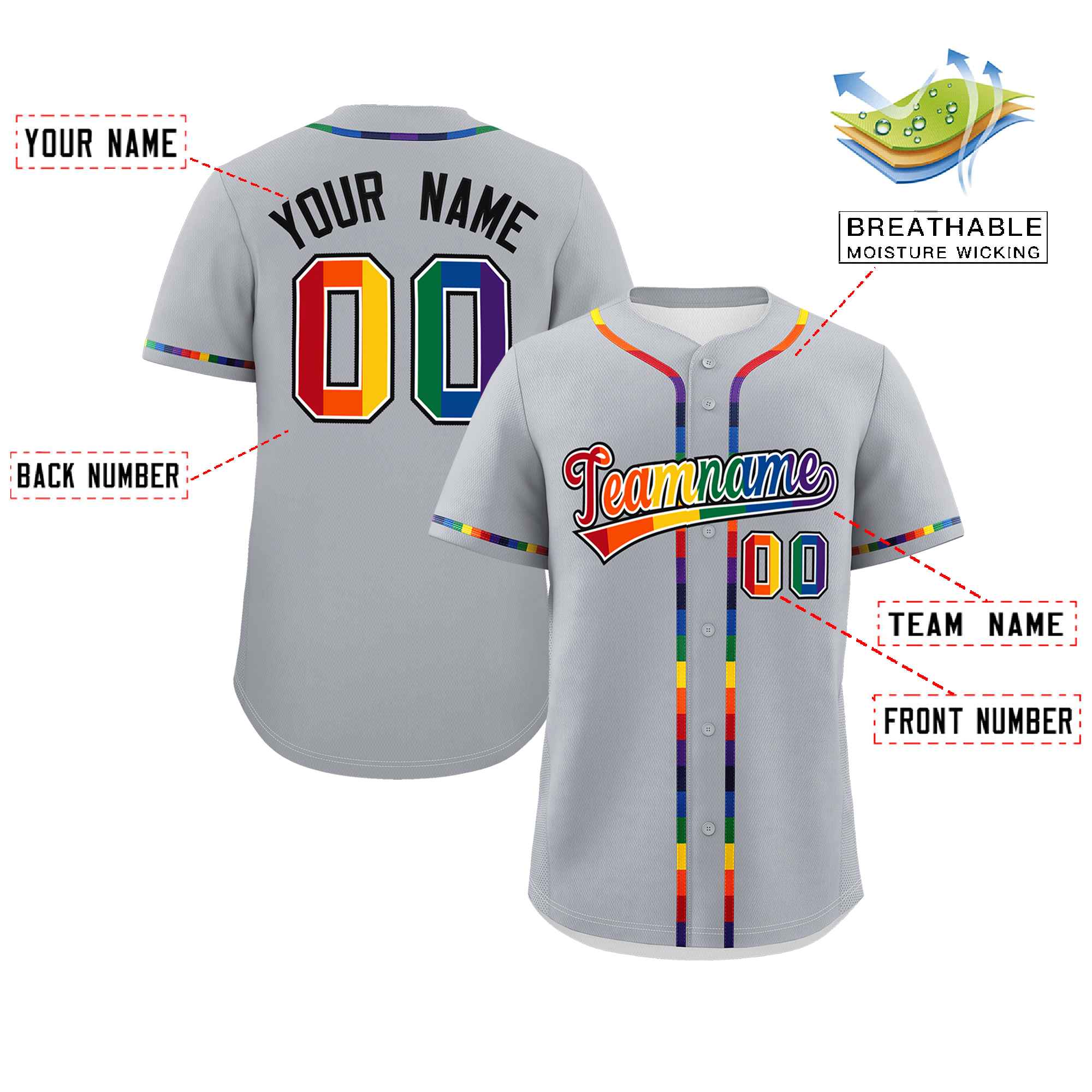 Custom Light Gray LGBT Rainbow For Pride Month Classic Style Authentic Baseball Jersey