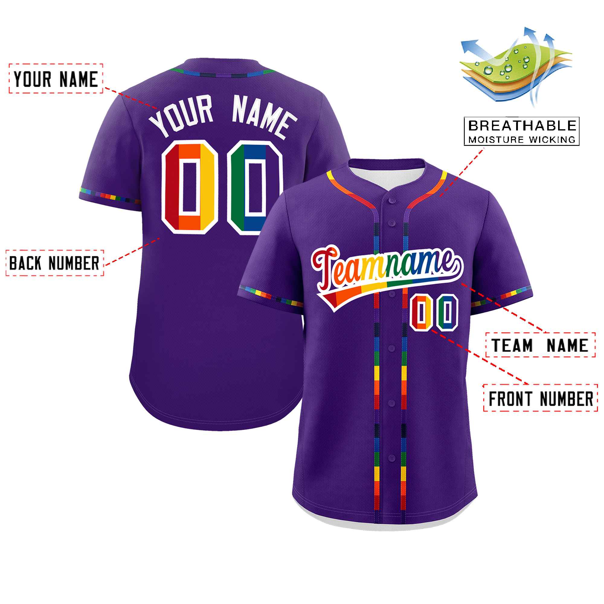 Custom Purple LGBT Rainbow For Pride Month Classic Style Authentic Baseball Jersey