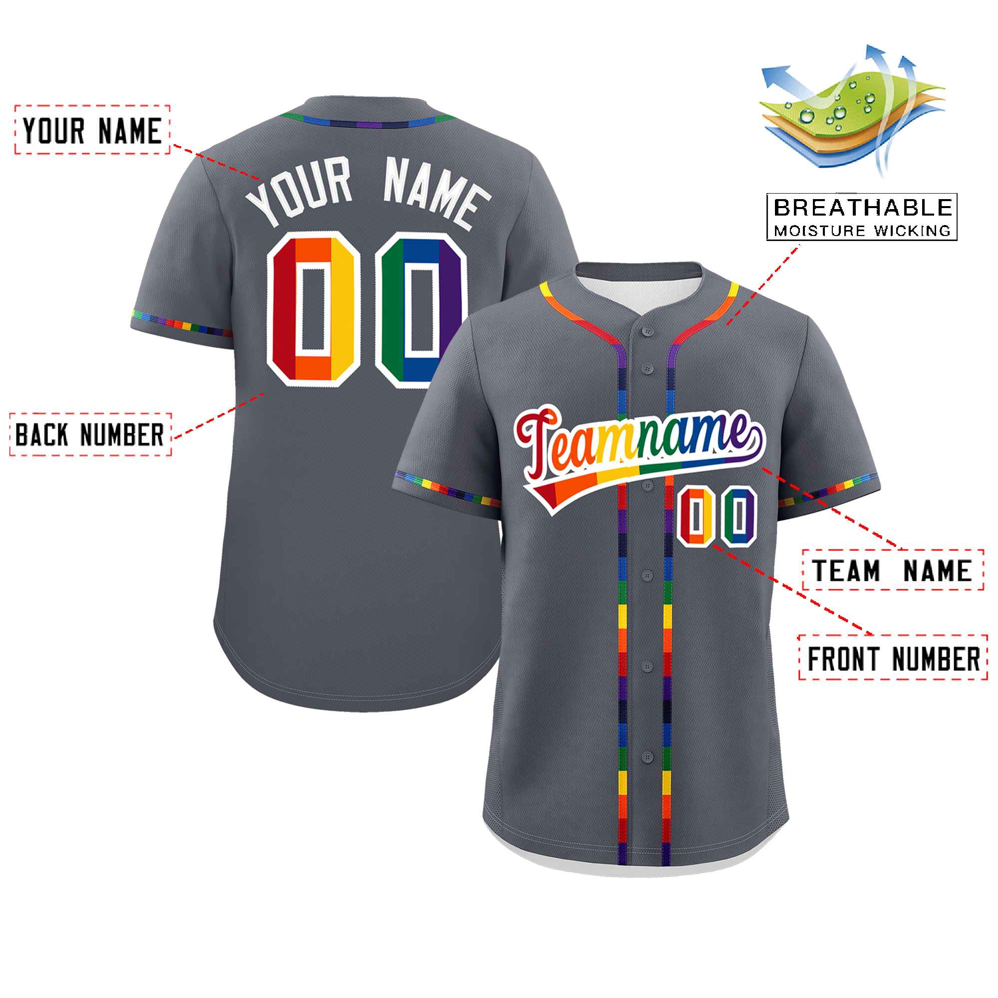 Custom Dark Gray LGBT Rainbow For Pride Month Classic Style Authentic Baseball Jersey