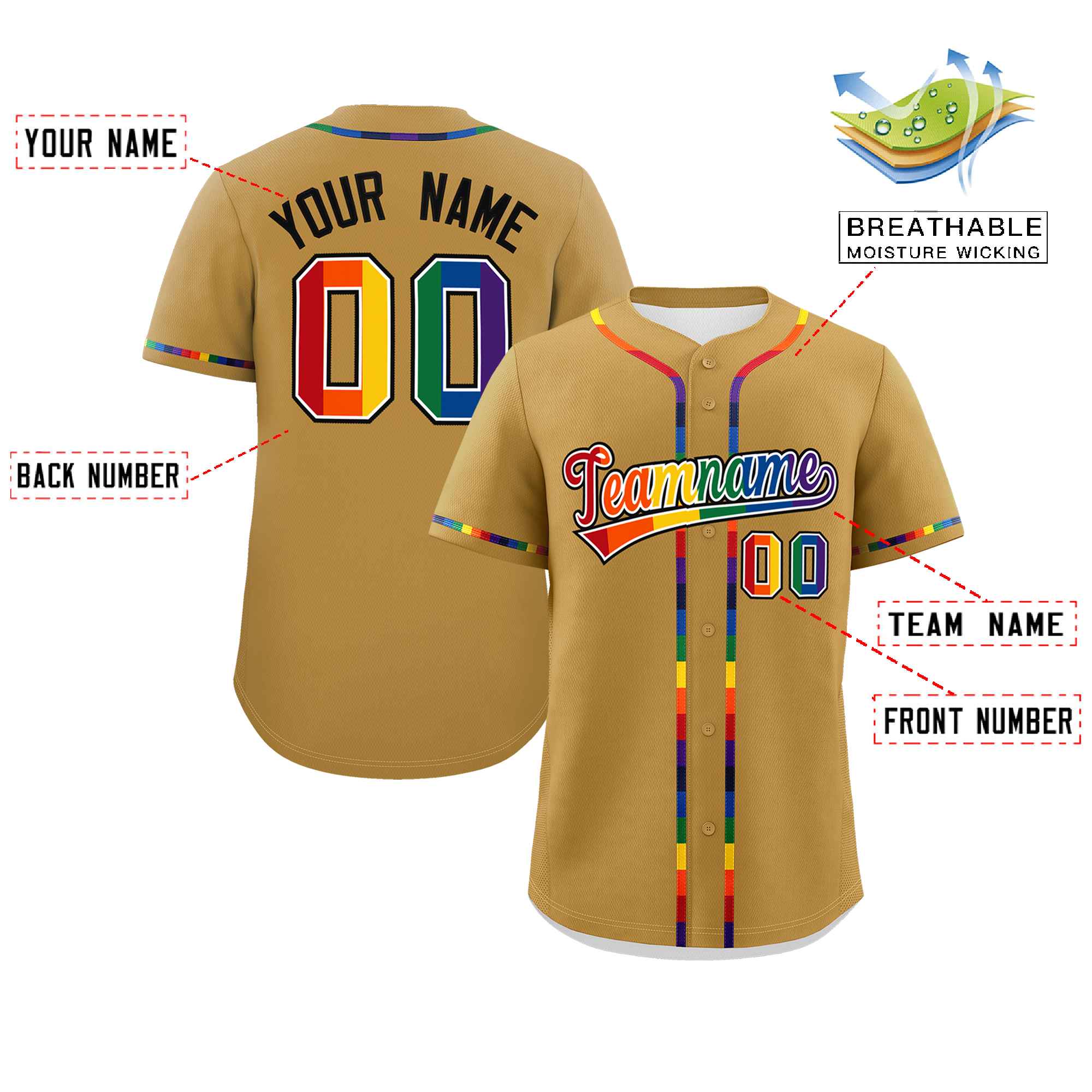 Custom Old Gold LGBT Rainbow For Pride Month Classic Style Authentic Baseball Jersey