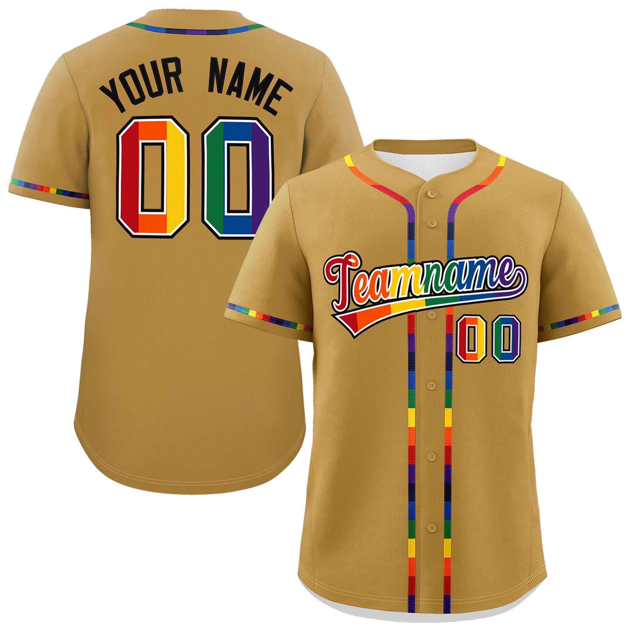 Custom Old Gold LGBT Rainbow For Pride Month Classic Style Authentic Baseball Jersey