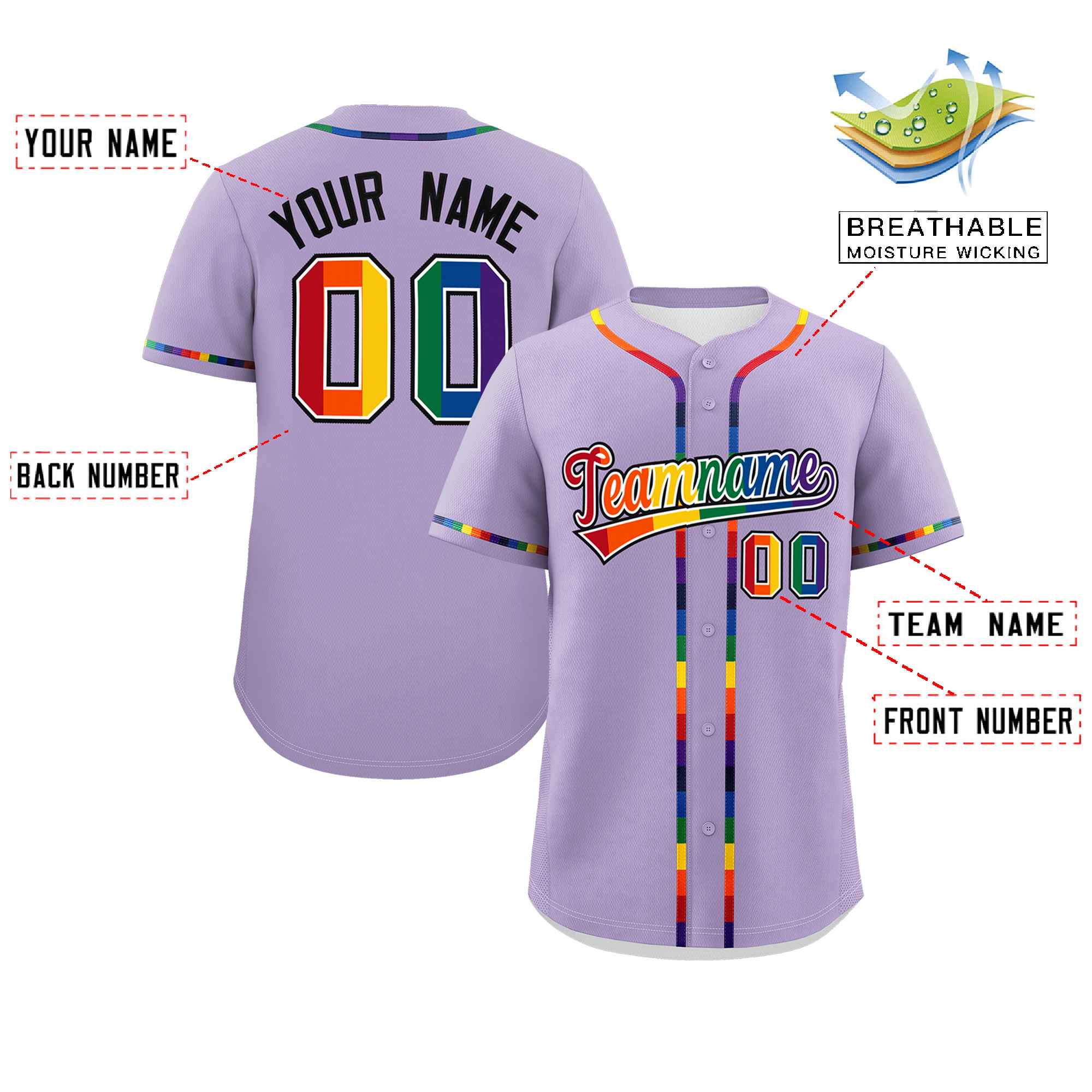 Custom Light Purple LGBT Rainbow For Pride Month Classic Style Authentic Baseball Jersey