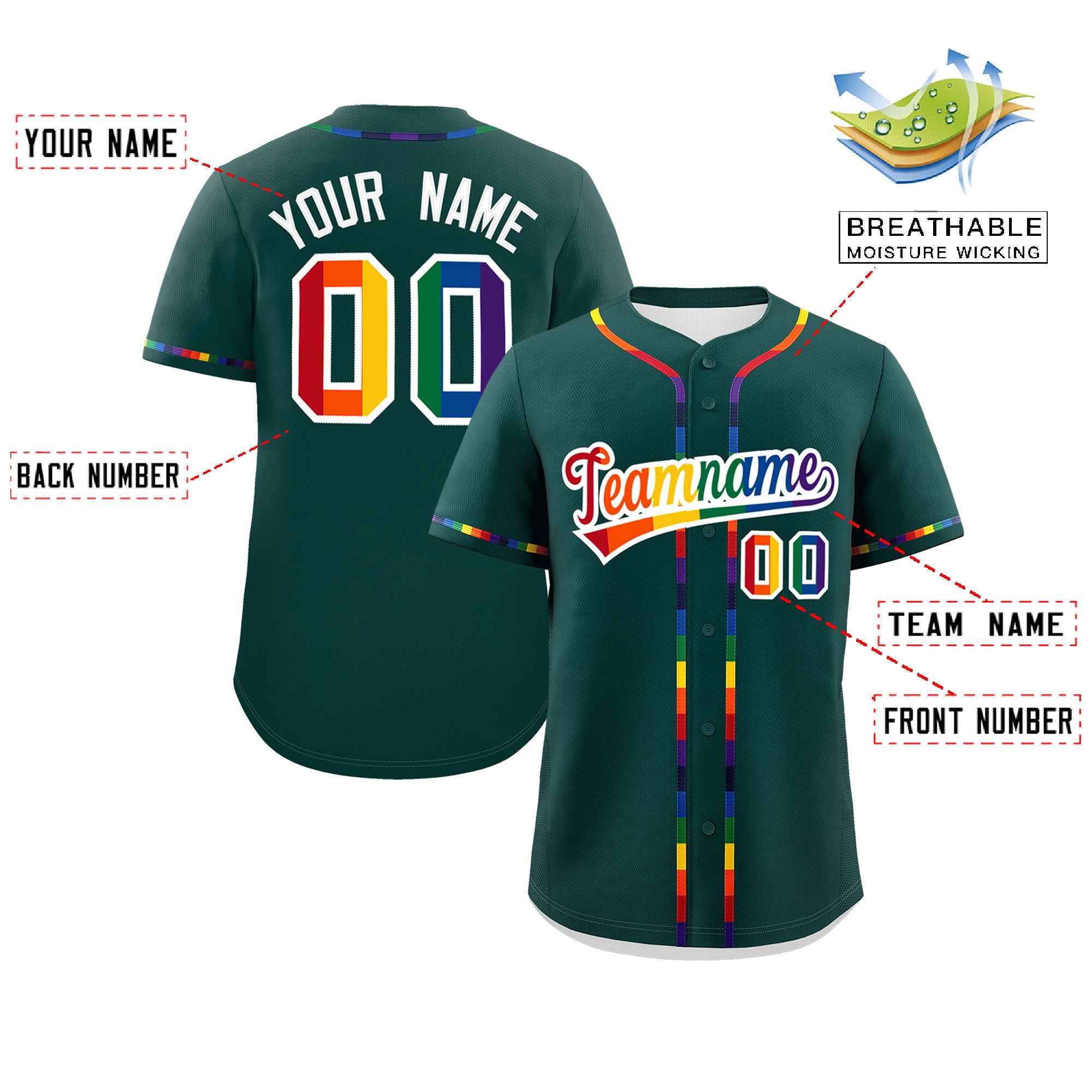 Custom Midnight Green LGBT Rainbow For Pride Month Classic Style Authentic Baseball Jersey