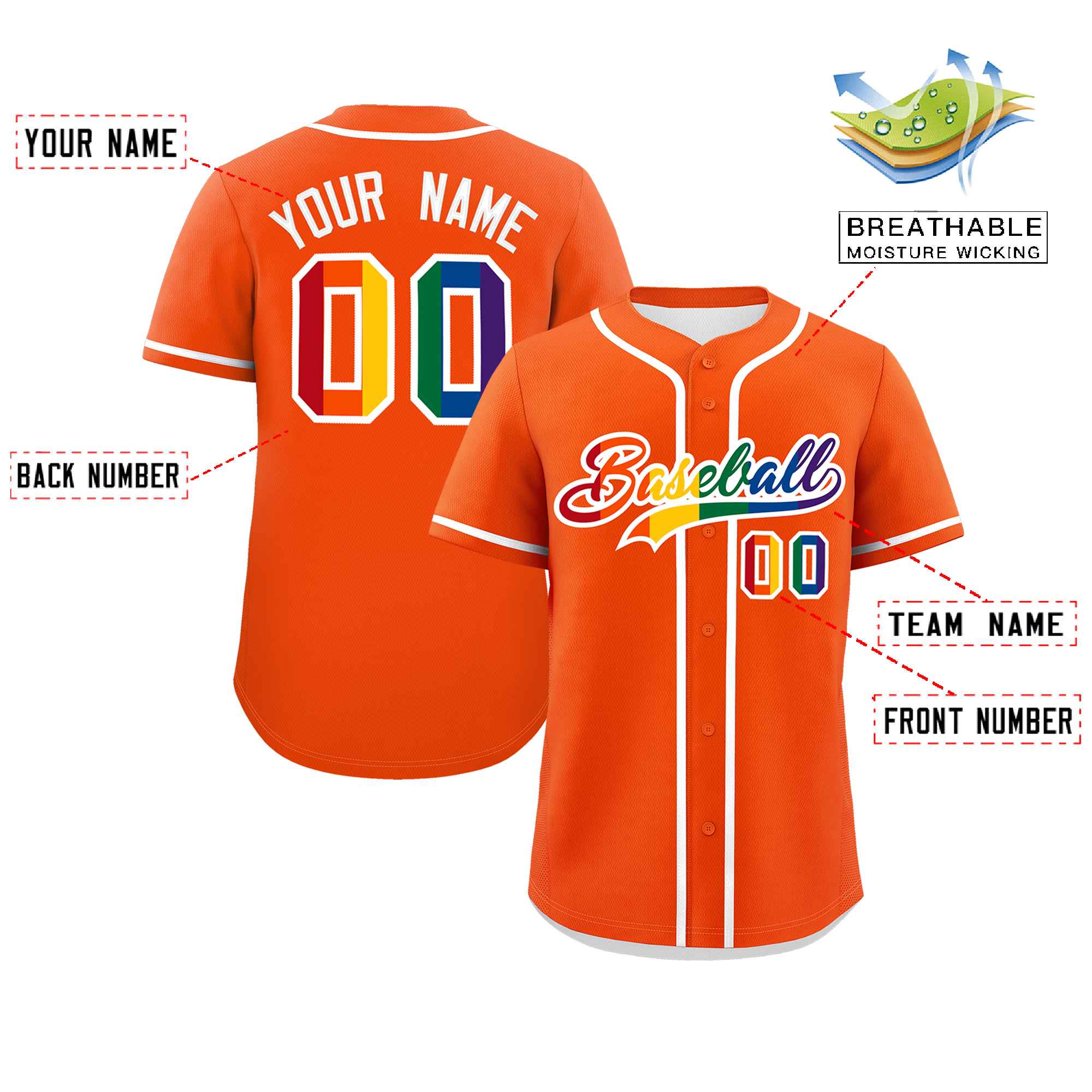 Custom Orange LGBT Rainbow For Pride Month Classic Style Authentic Baseball Jersey