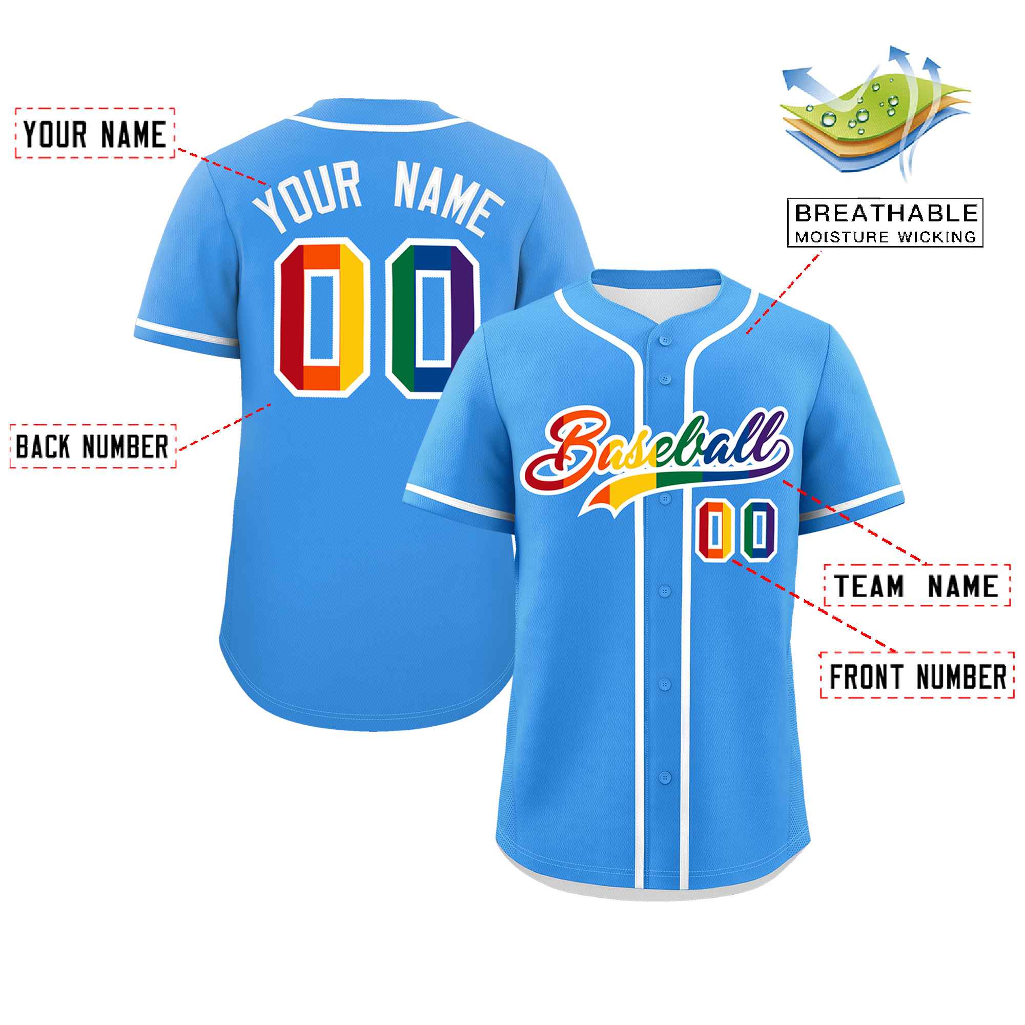 Custom Powder Blue LGBT Rainbow For Pride Month Classic Style Authentic Baseball Jersey