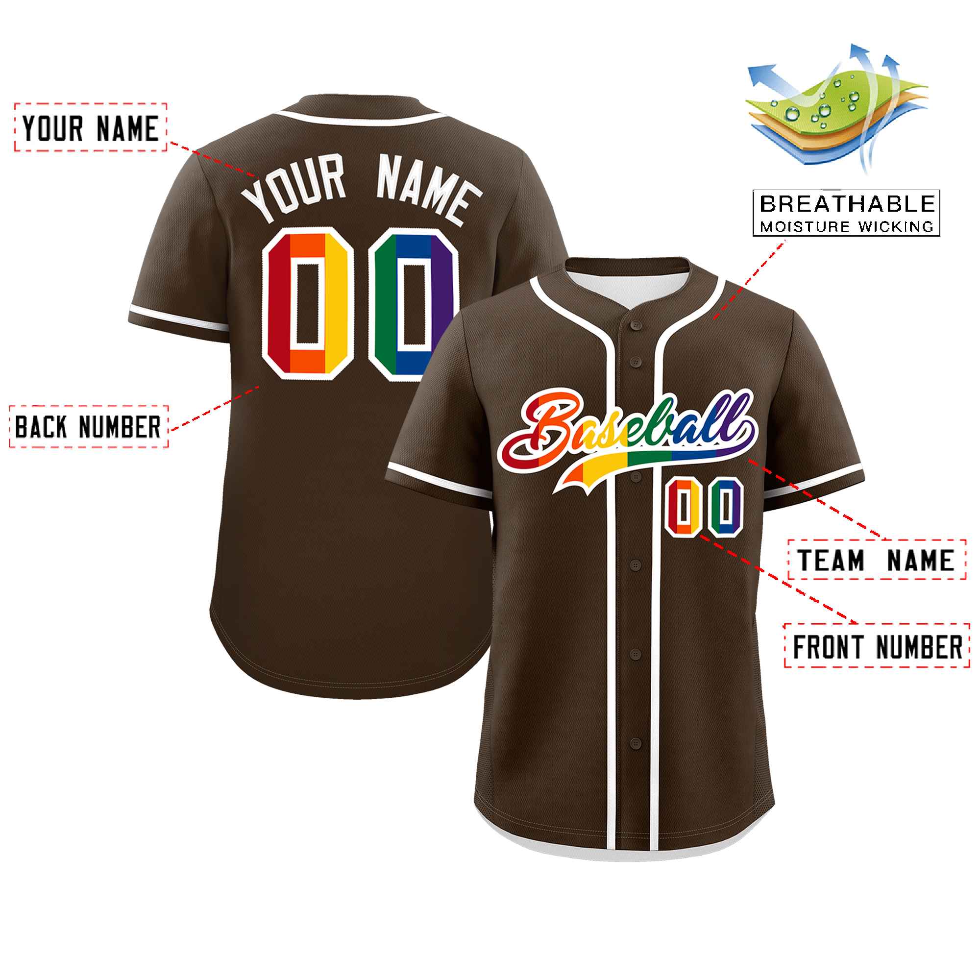 Custom Light Brown LGBT Rainbow For Pride Month Classic Style Authentic Baseball Jersey