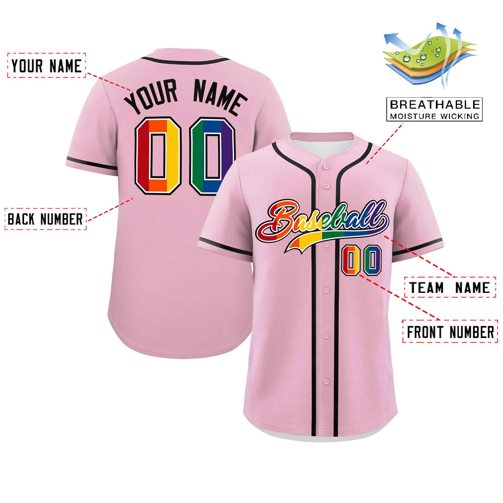 Custom Light Pink LGBT Rainbow For Pride Month Classic Style Authentic Baseball Jersey