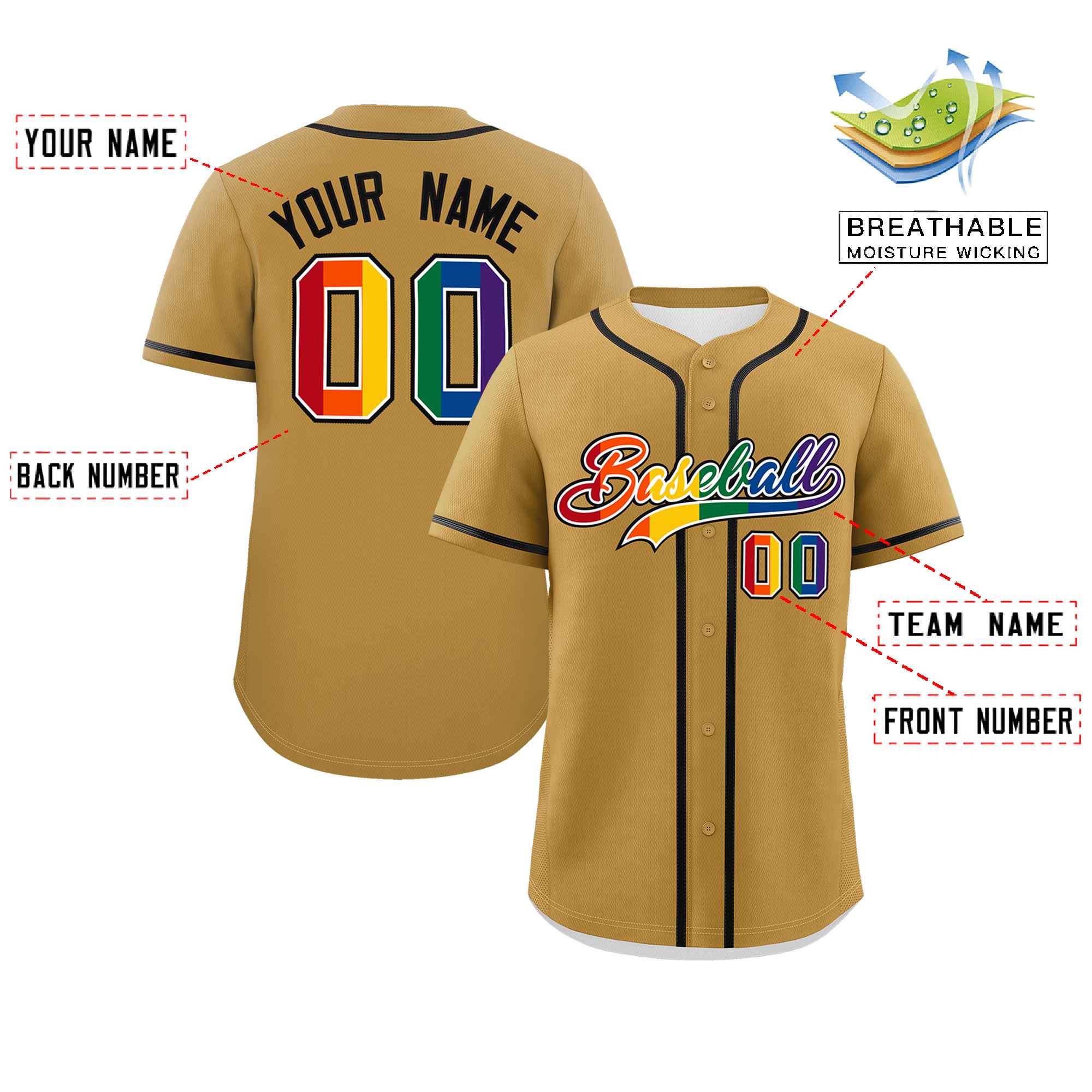 Custom Old Gold LGBT Rainbow For Pride Month Classic Style Authentic Baseball Jersey