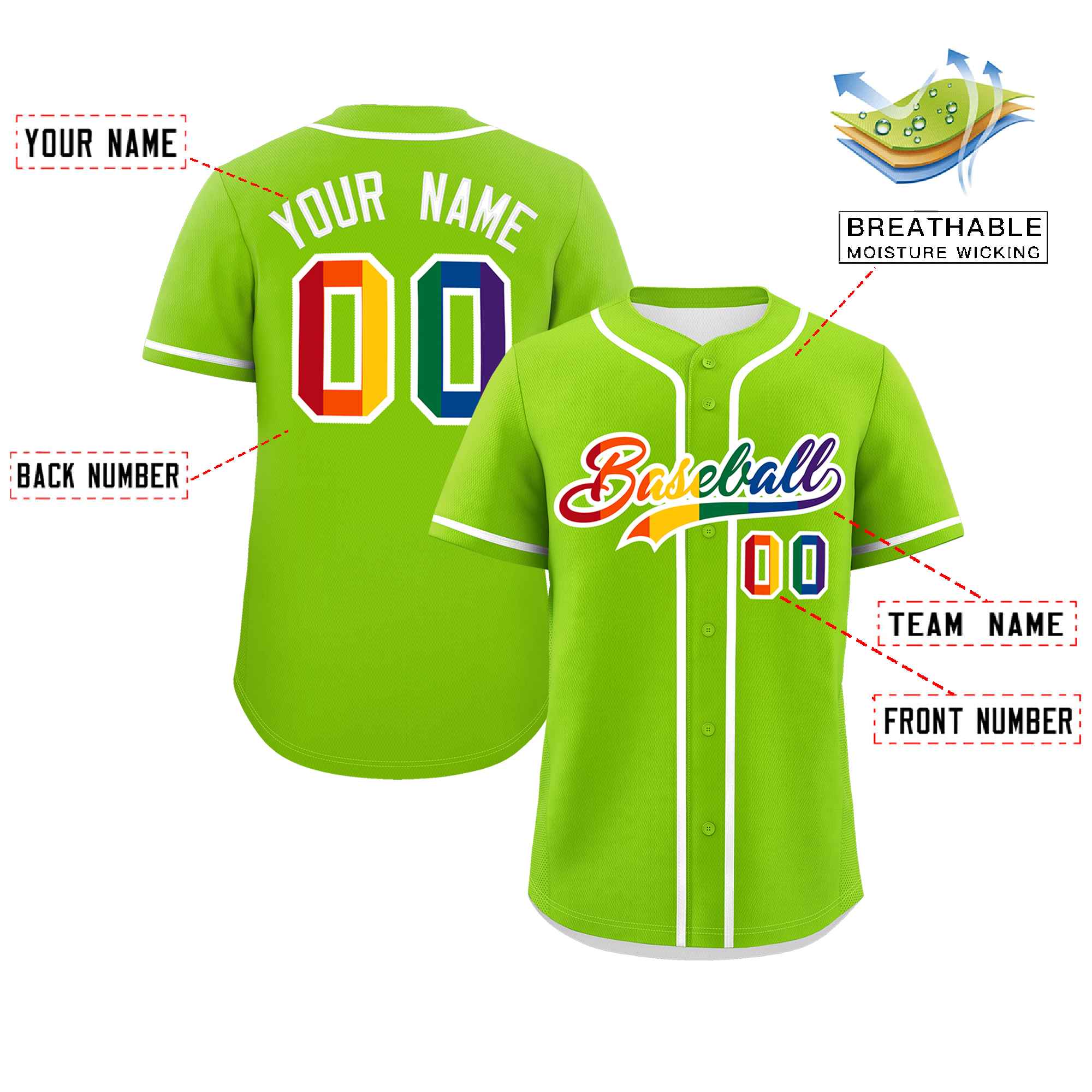 Custom Neon Green LGBT Rainbow For Pride Month Classic Style Authentic Baseball Jersey