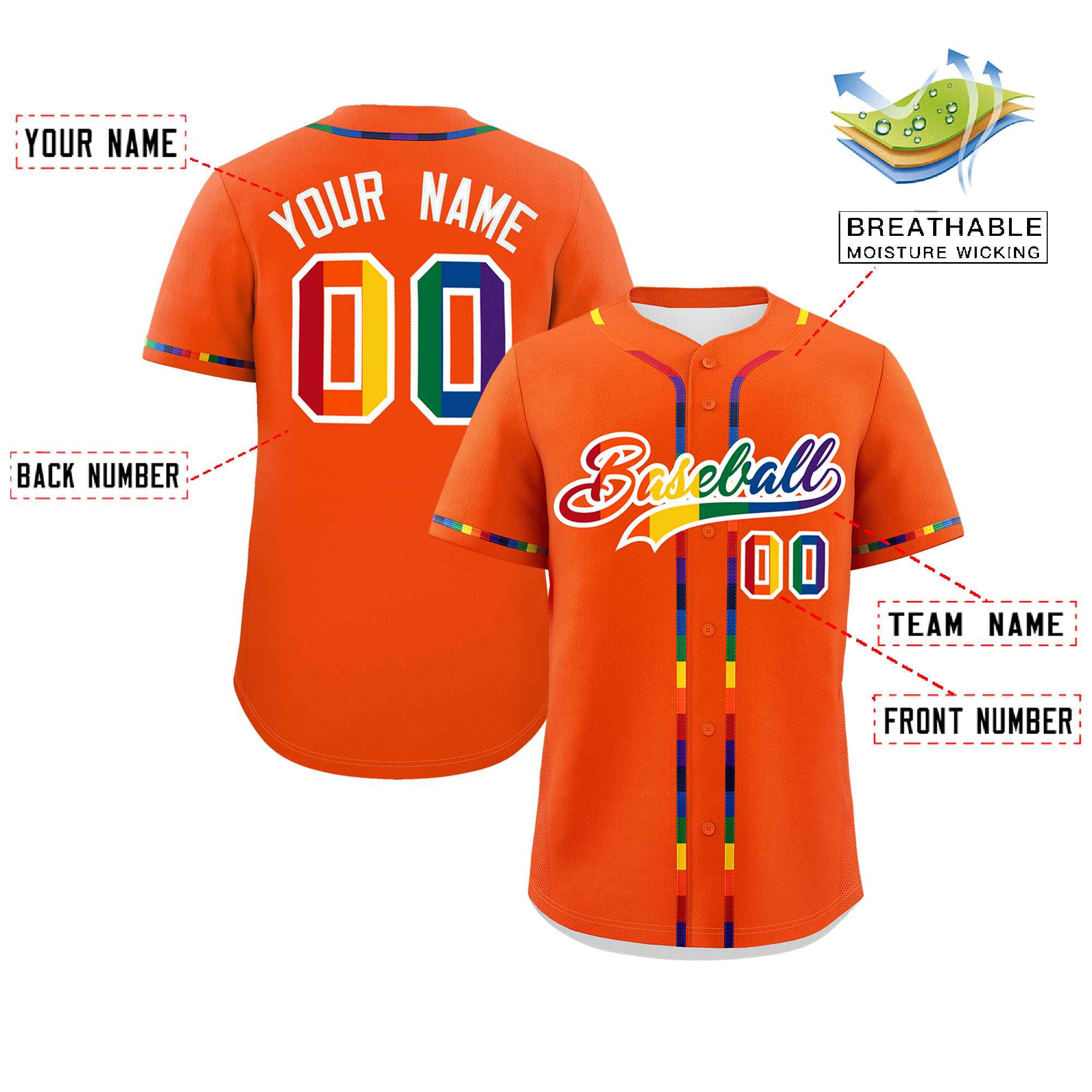 Custom Orange LGBT Rainbow For Pride Month Classic Style Authentic Baseball Jersey