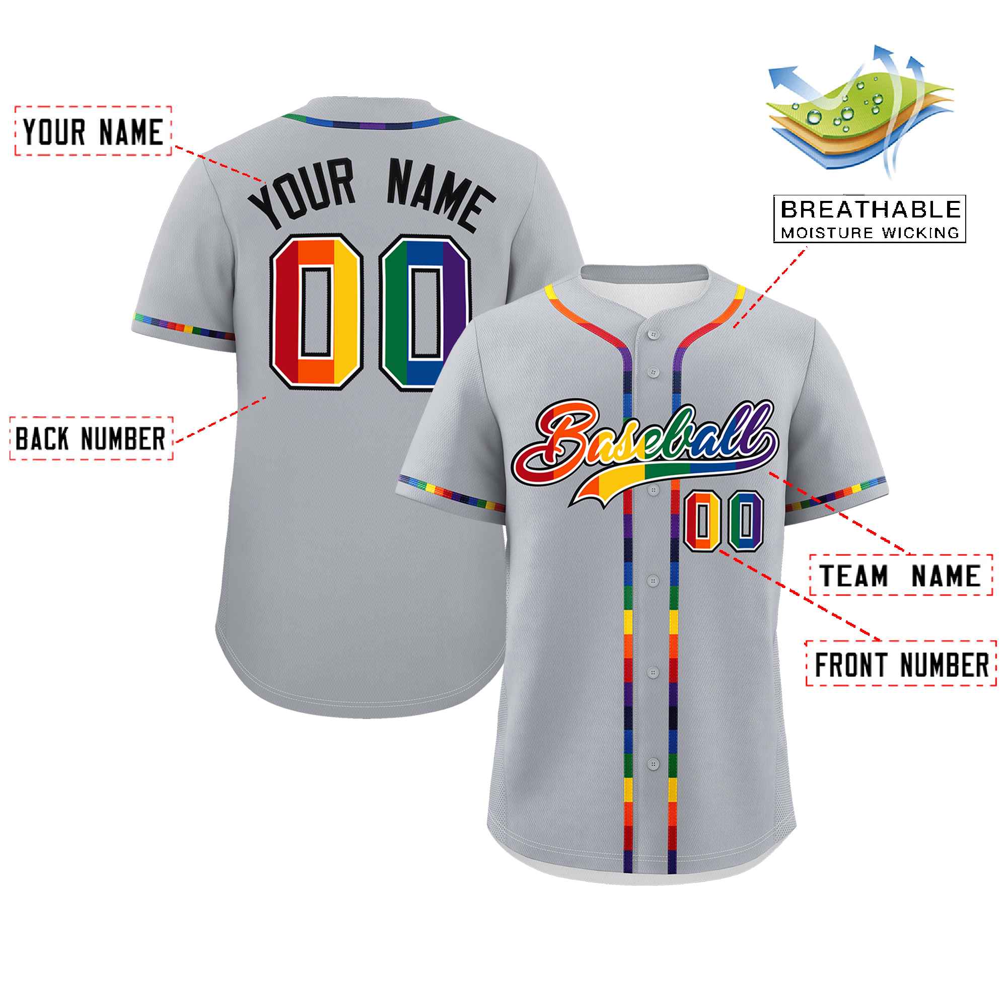 Custom Light Gray LGBT Rainbow For Pride Month Classic Style Authentic Baseball Jersey