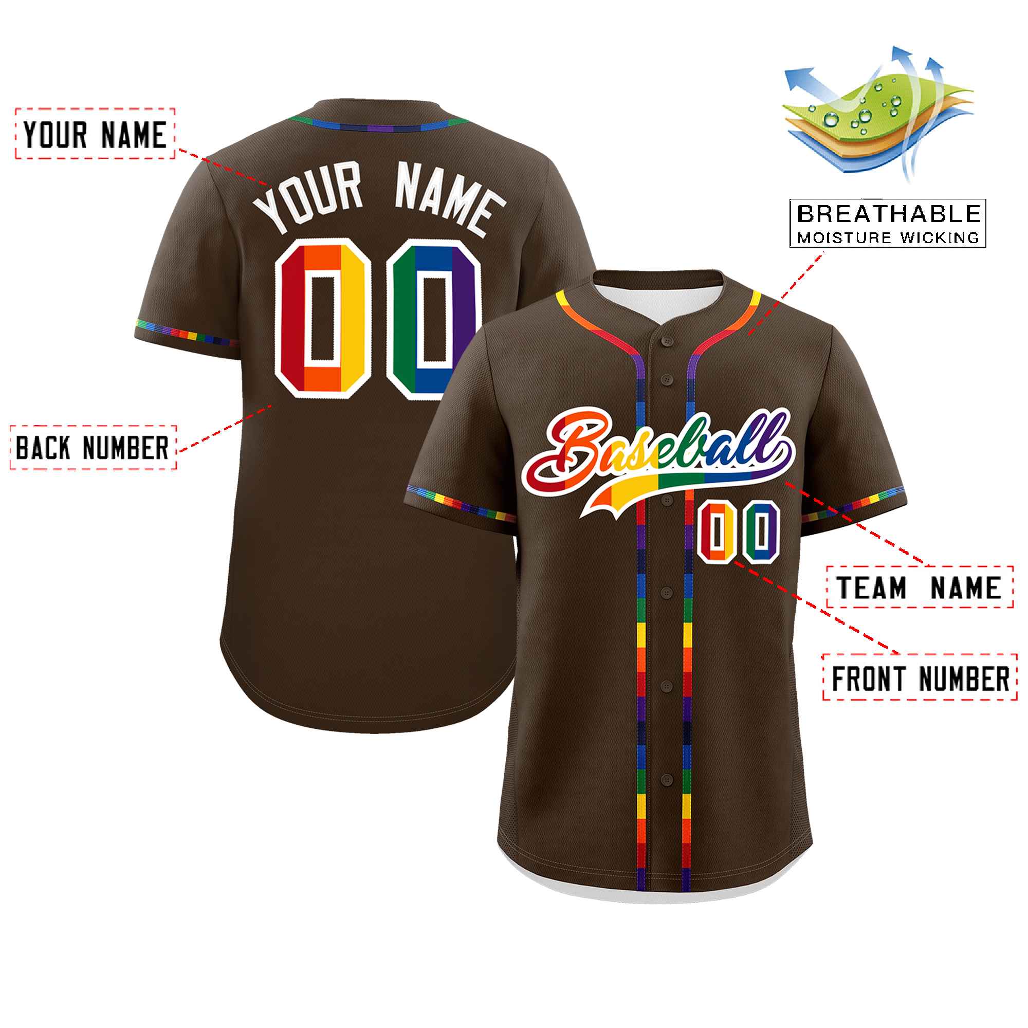 Custom Light Brown LGBT Rainbow For Pride Month Classic Style Authentic Baseball Jersey